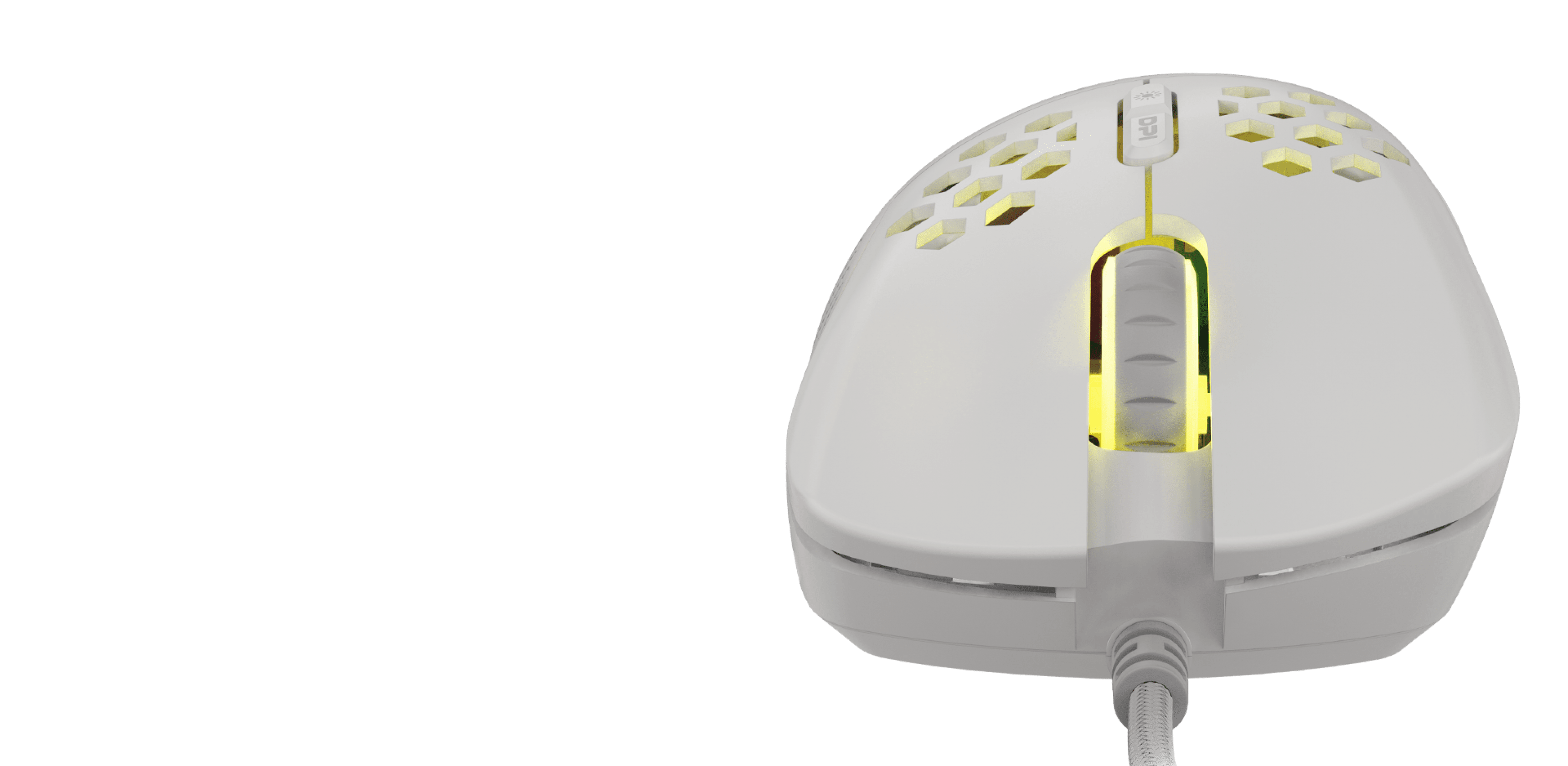 White gaming mouse with RGB lighting, featuring a programmable design and a DPI of 8000, shown from a top-down view