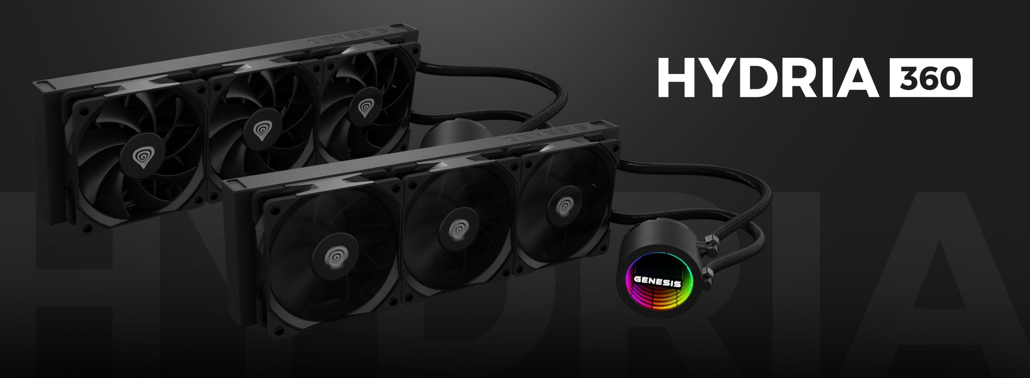 Black Genesis Hydria 360 water cooling system with three fans and a sleek pump design