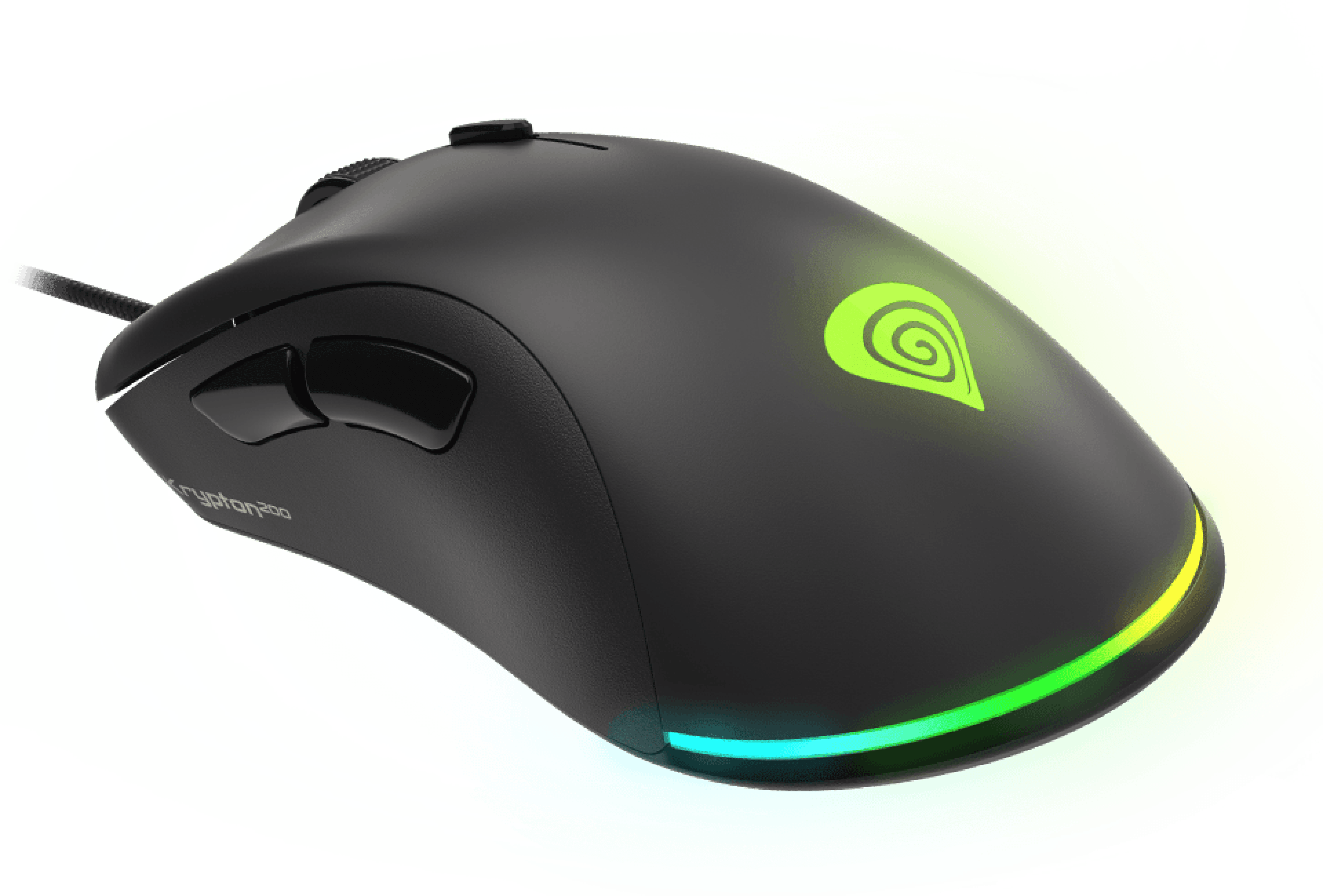Black gaming mouse with silent clicks, customizable RGB lighting, and software for enhanced gaming performance