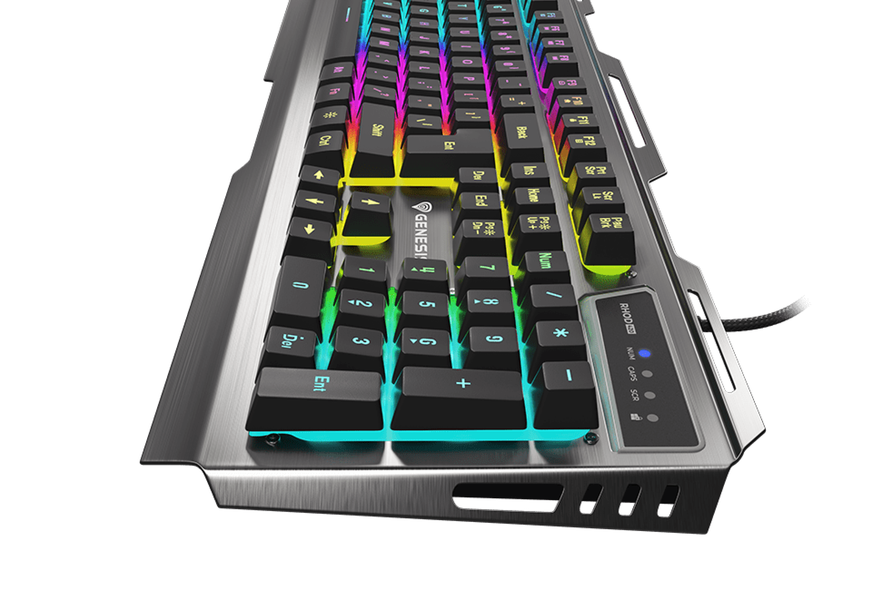 Gaming keyboard with RGB backlighting, featuring a sleek design and colorful illuminated keys