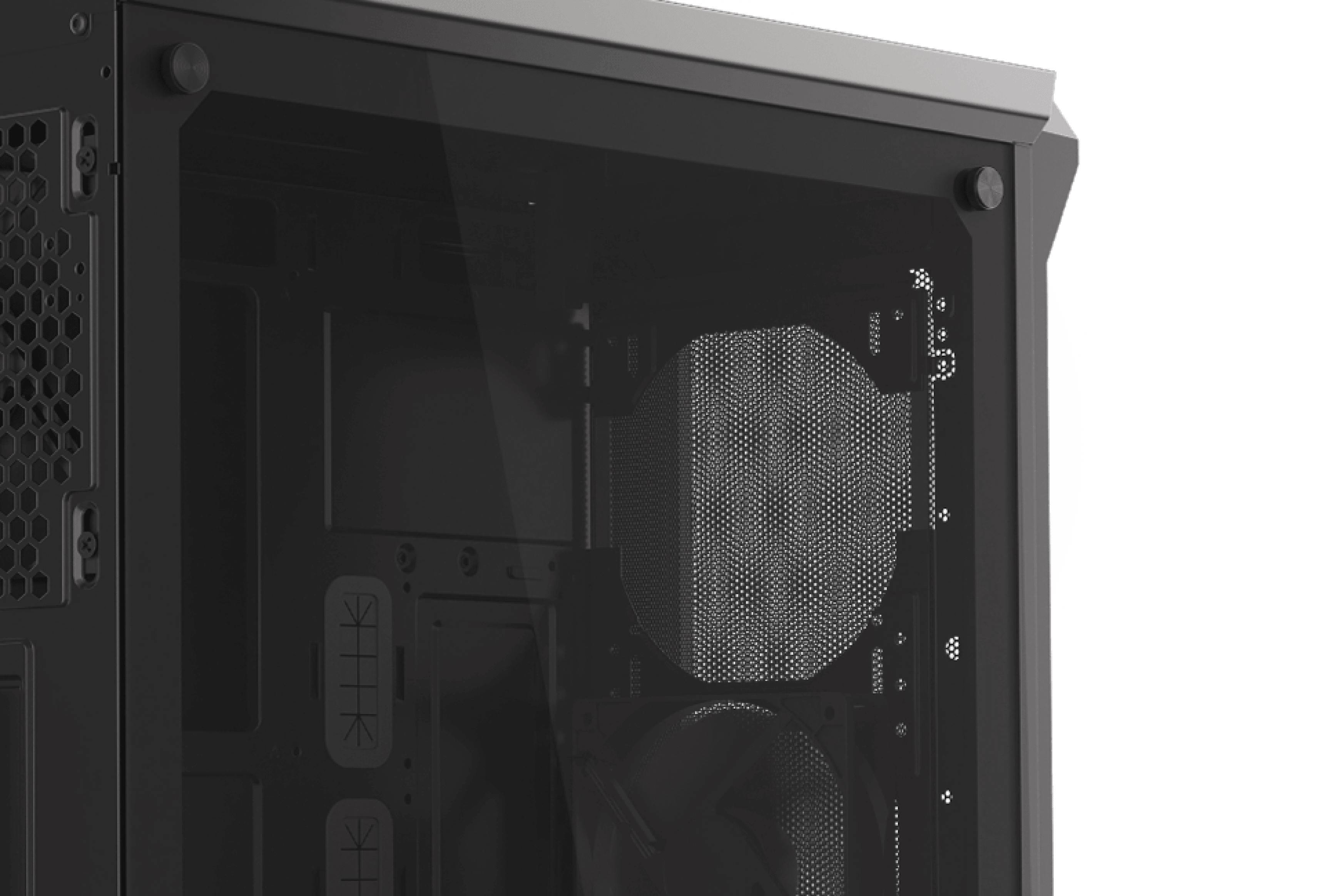 Black Genesis Irid 505 V2 MIDI tower case with a transparent side window and mesh design for airflow