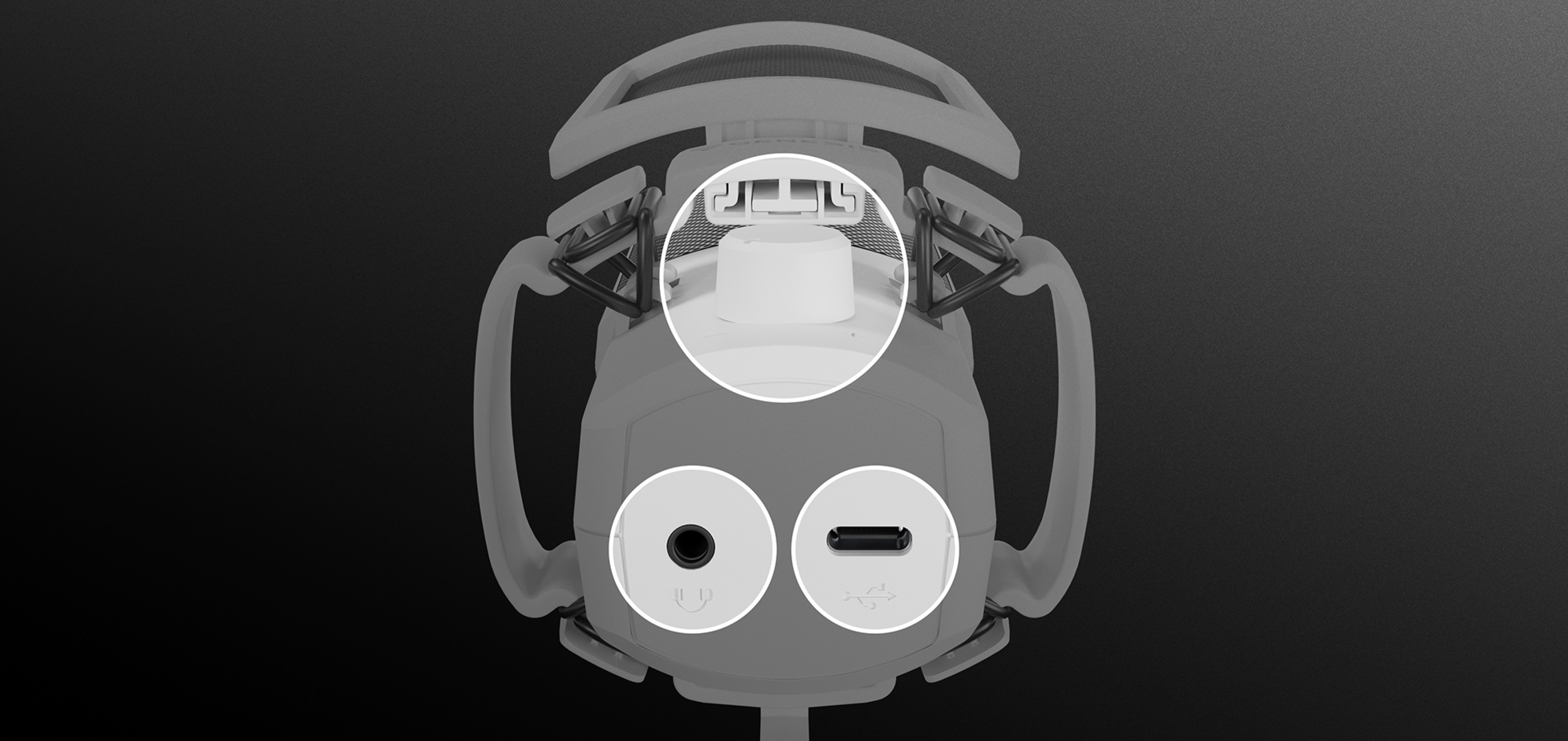 Top view of the Genesis Radium 250 USB microphone showing USB-C and headphone jack connectors, with a sleek white design