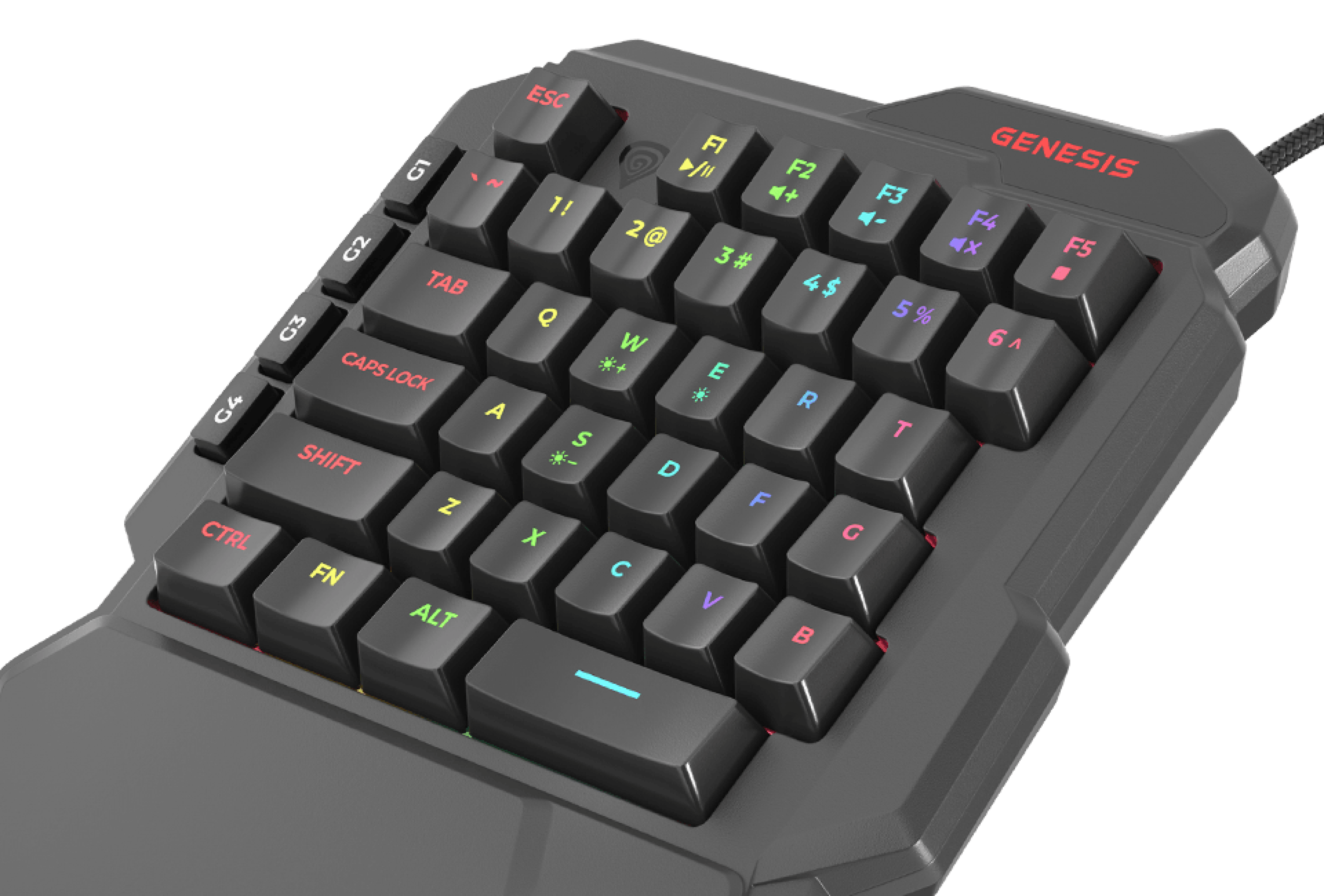 Compact gaming keyboard with colorful backlit keys in a sleek design.