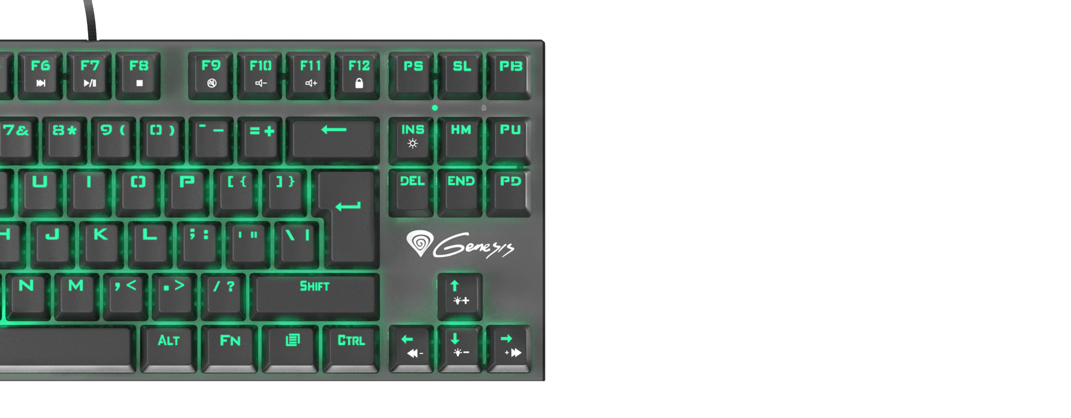 Compact keyboard with glowing green backlighting and various function keys.