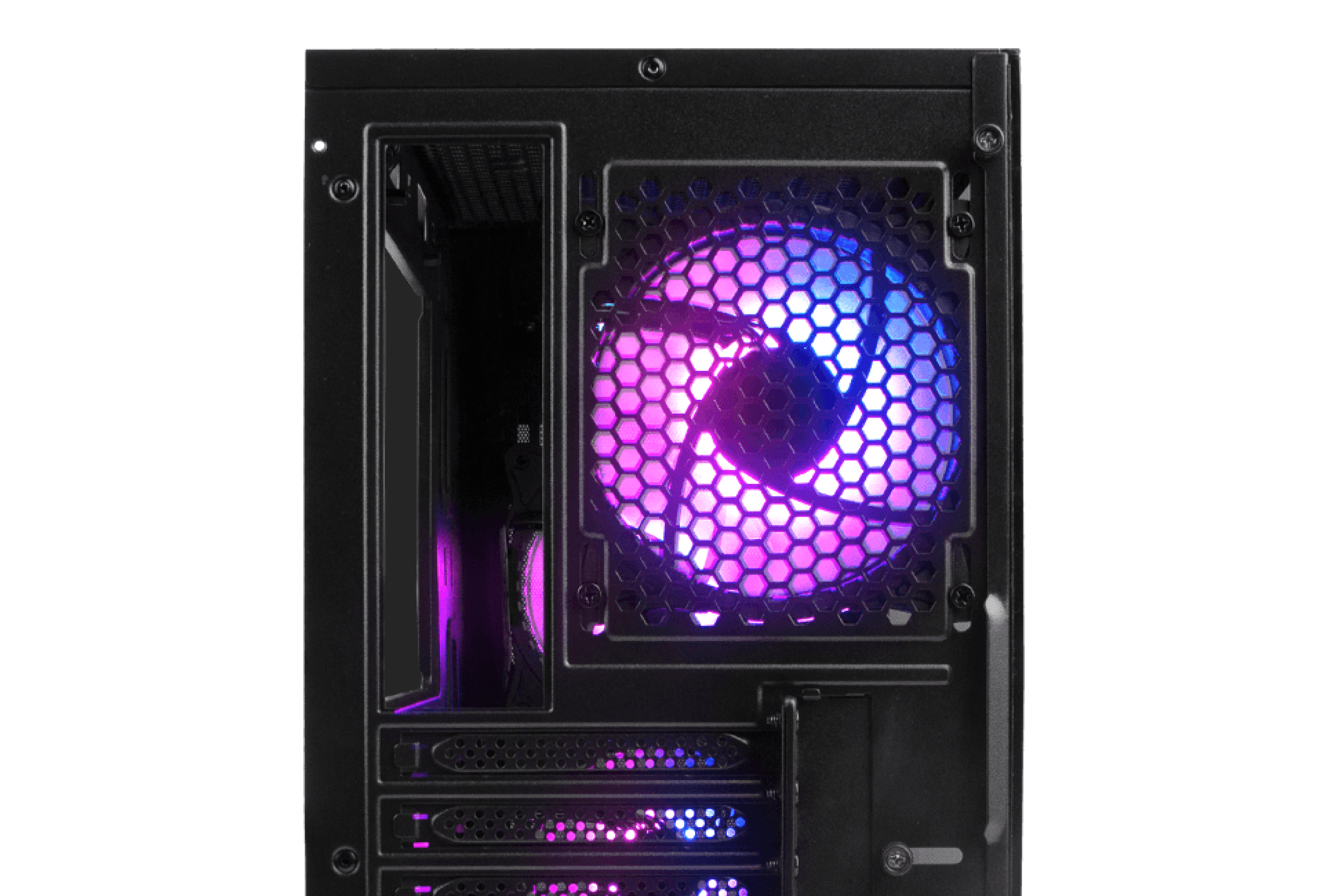 Computer case with a large cooling fan producing colorful lighting effects.