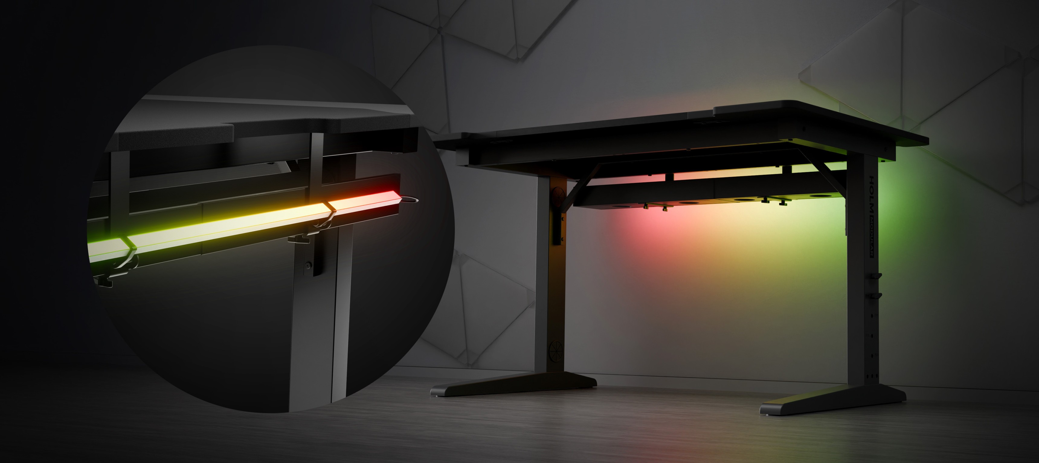 Modular gaming desk with adjustable height and LED lighting in red, green, and yellow accents. Sleek design suitable for gaming setups
