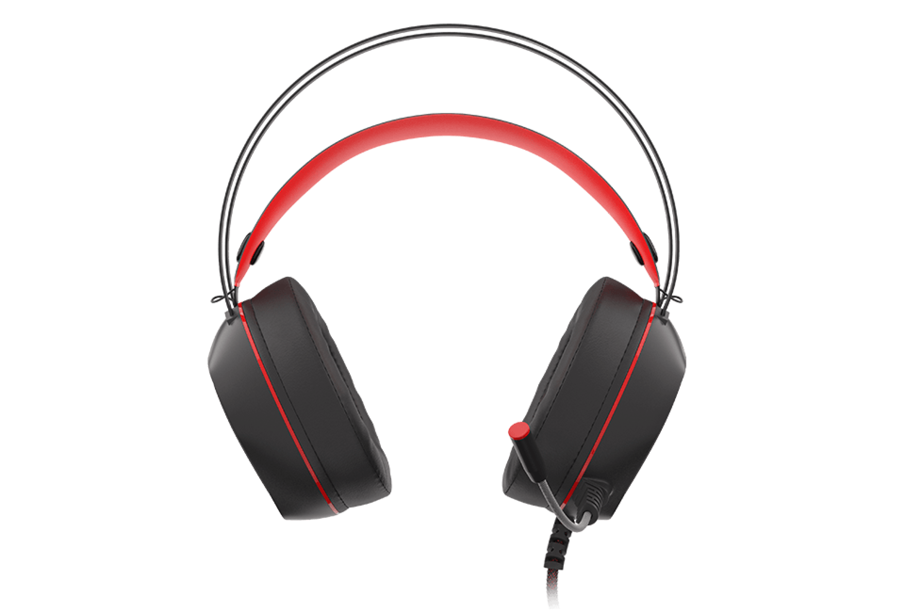 Headset with large ear cups, a red accent on the headband, and a microphone attachment.