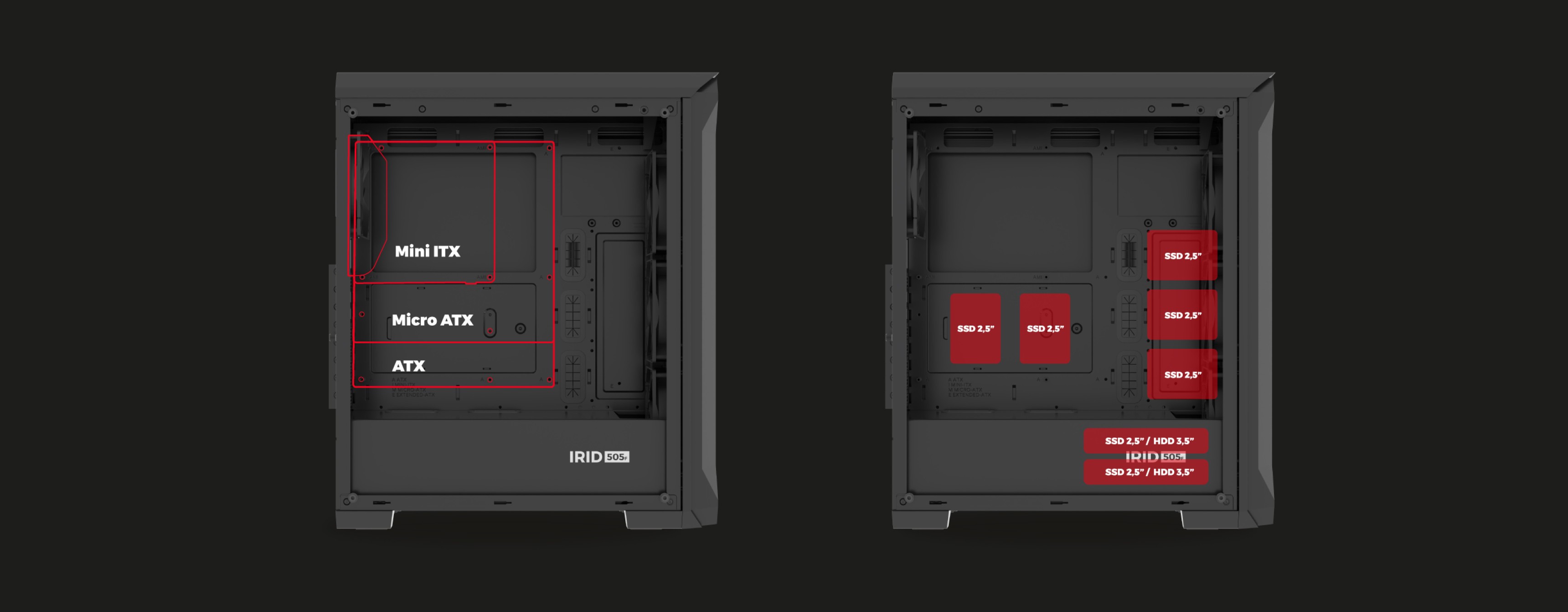 Diagram of the Genesis Irid 505F Midi Tower case, showing compatible motherboard sizes and layout