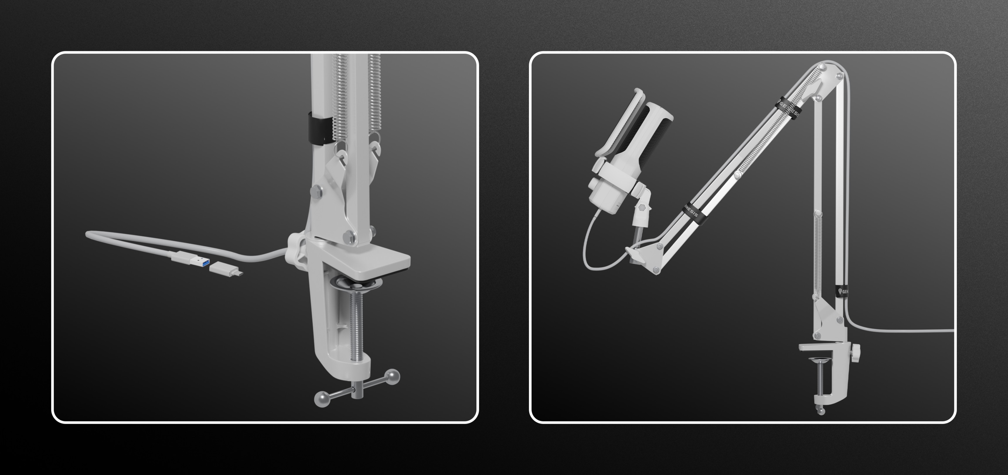 White USB microphone arm with adjustable joints and clamp for secure attachment, showcasing versatility and functionality