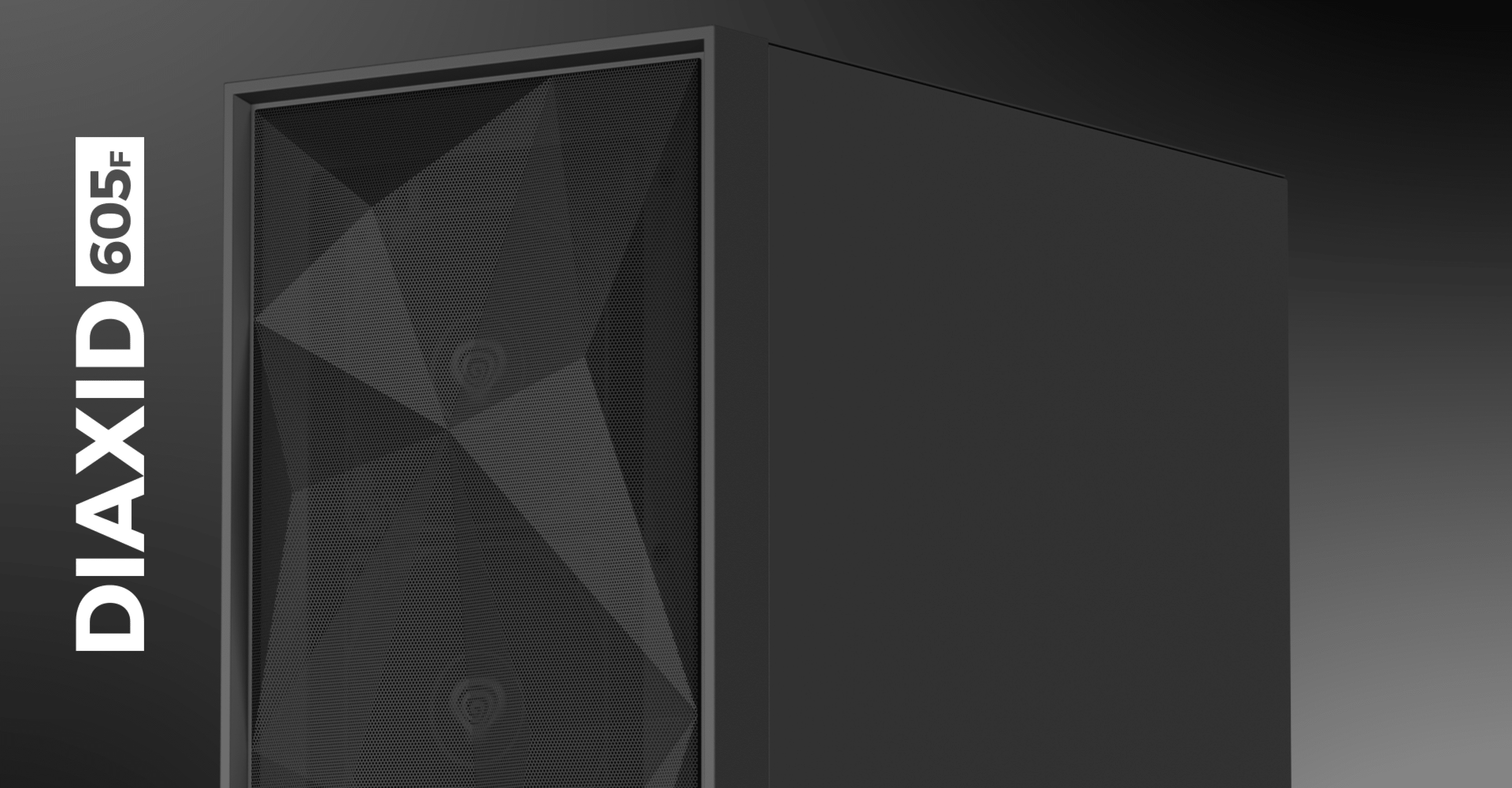 Black mid-tower computer case with a geometric front panel and a transparent window