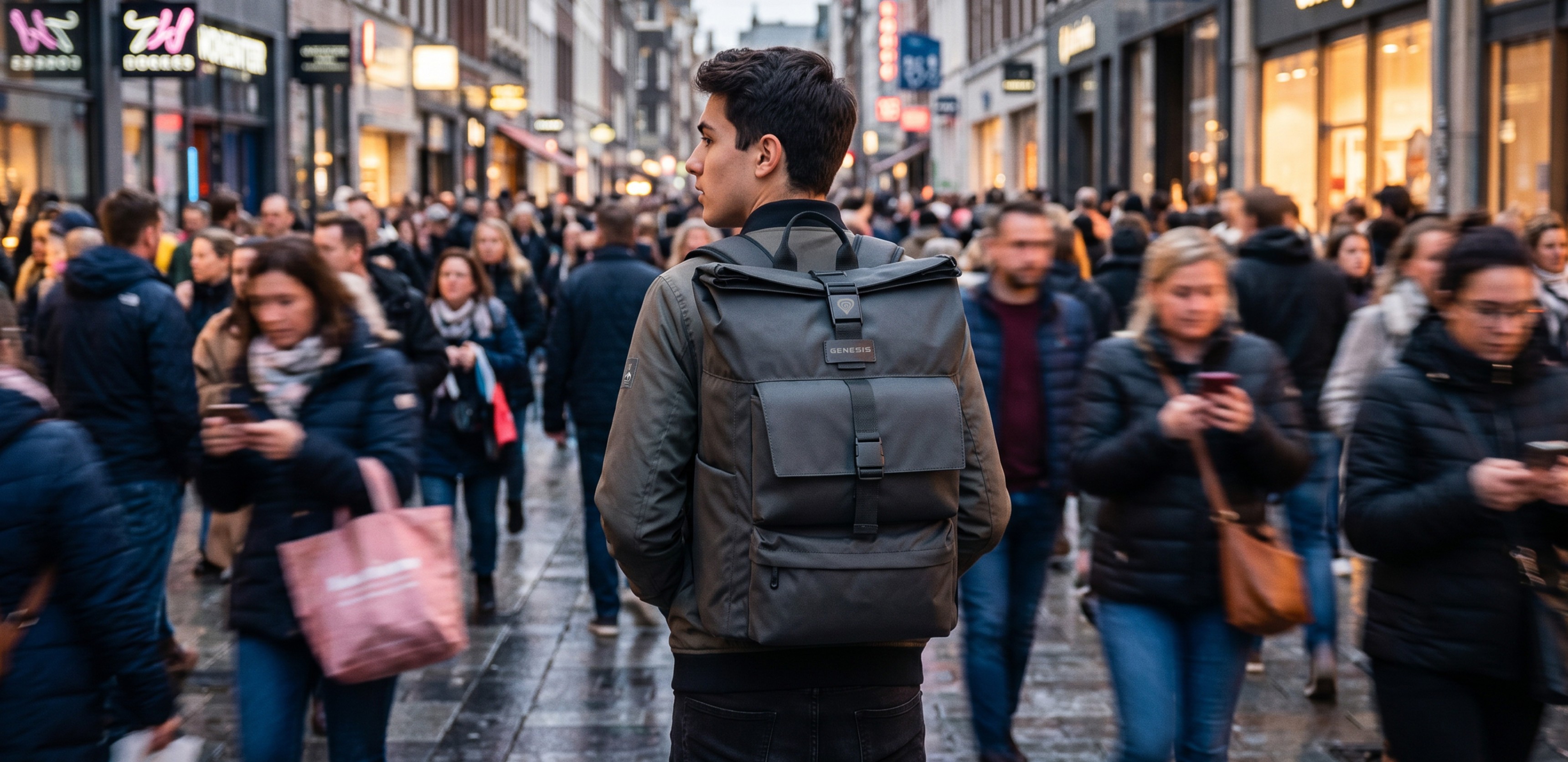 Person standing in a busy street, wearing a backpack, surrounded by many pedestrians.