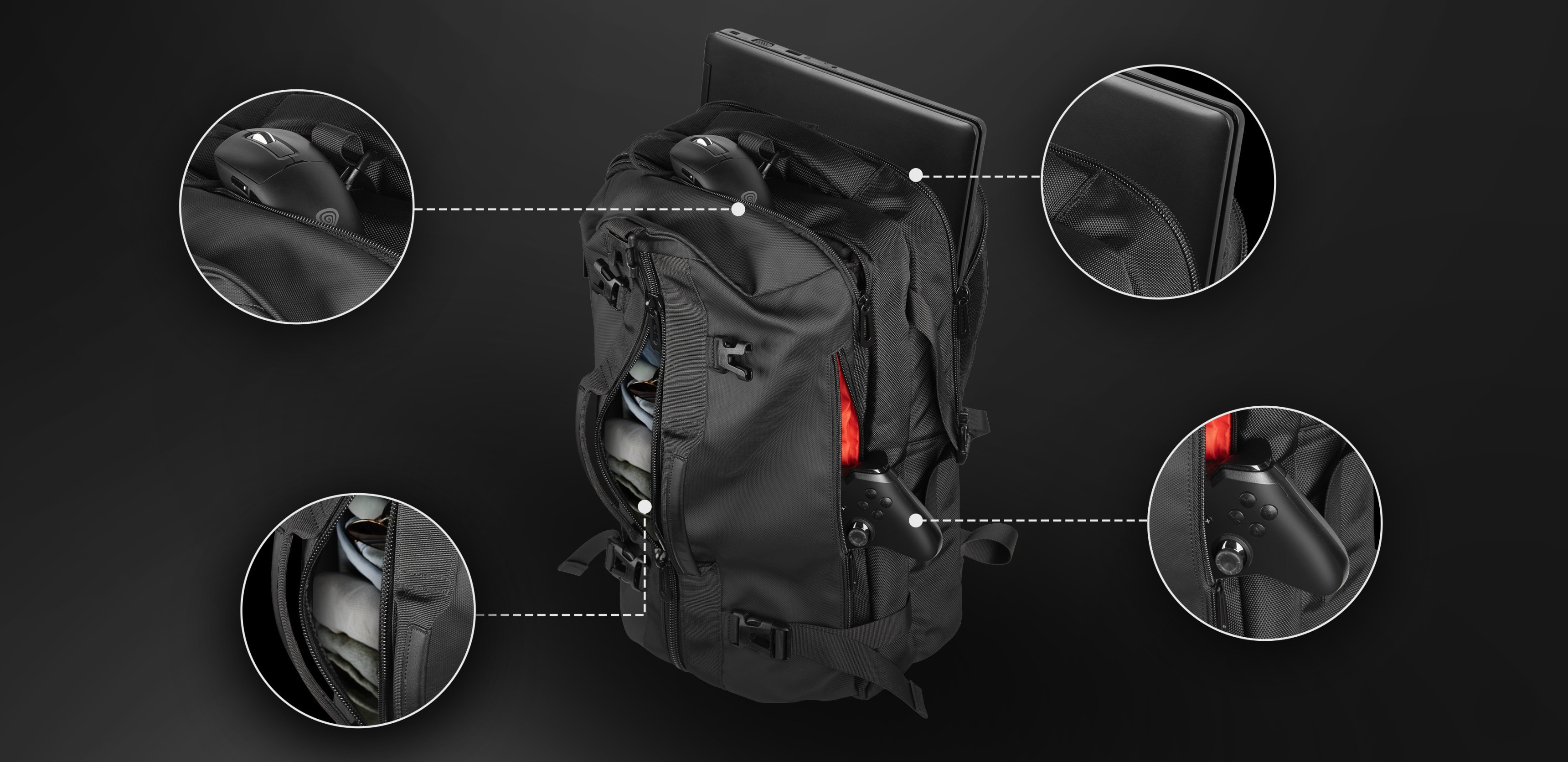 Black backpack with multiple compartments and features highlighted in circles on a dark background.