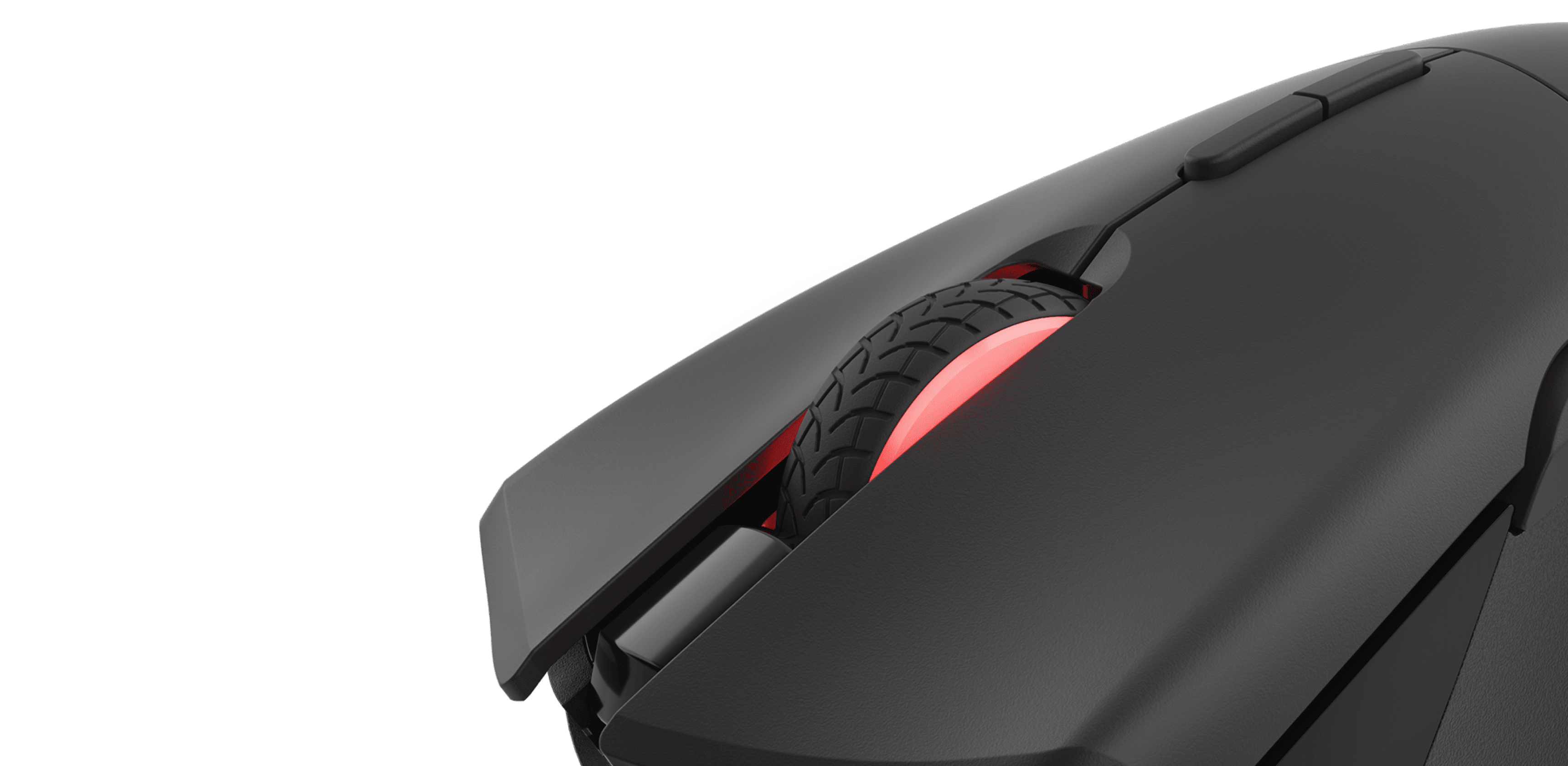 Black gaming mouse with RGB lighting and a textured scroll wheel, featuring a sleek design and programmable buttons