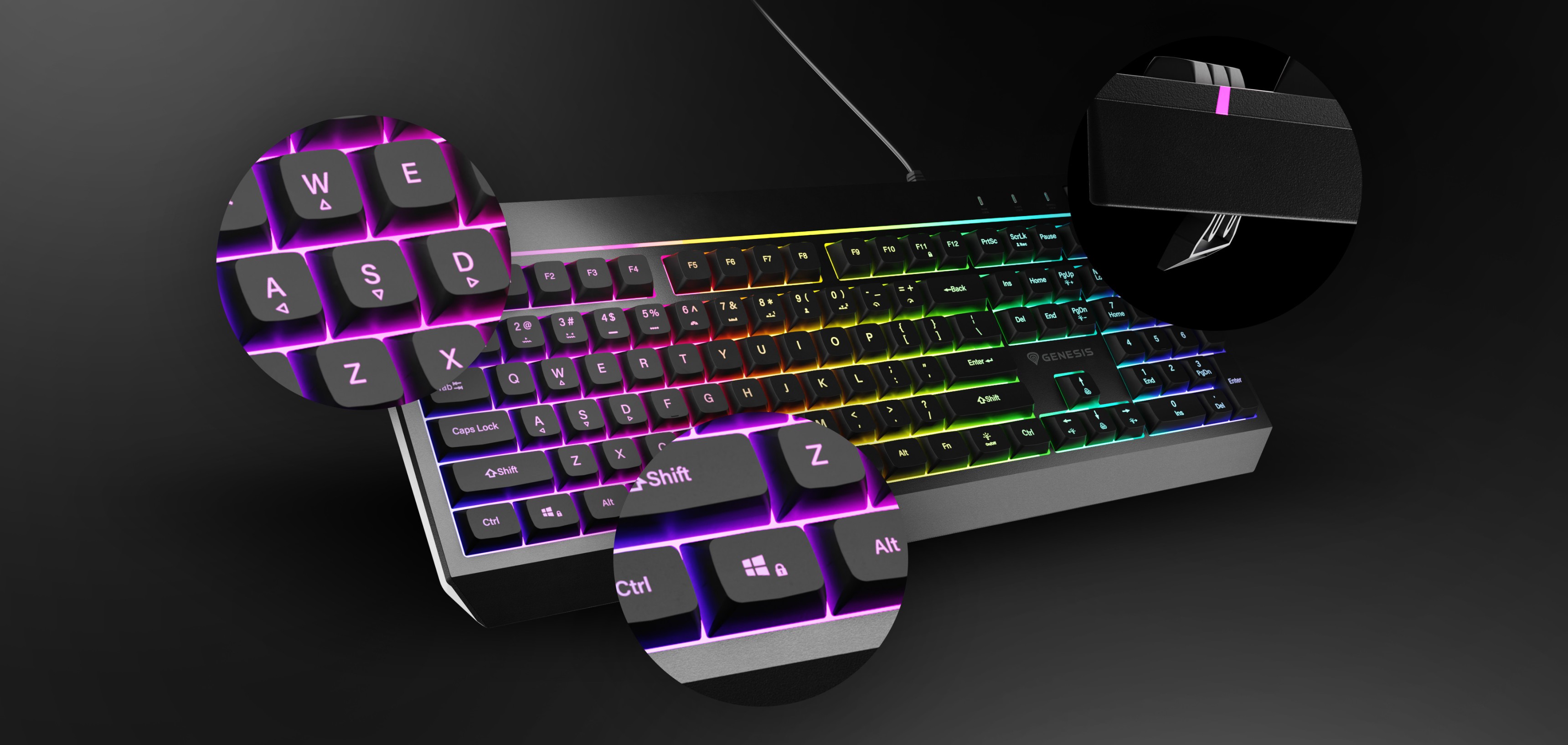 Gaming keyboard with customizable lighting and highlighted keys in various colors