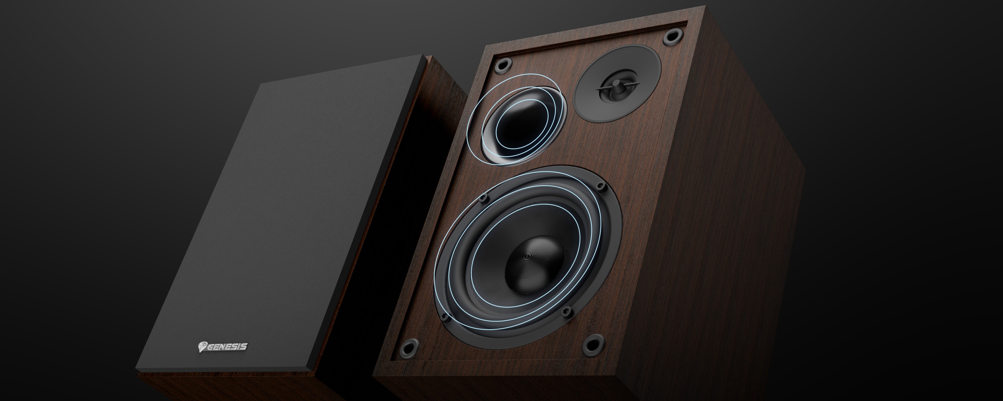 Brown Genesis Arsen 302BT 2.0 speakers with wood finish, featuring one woofer and one tweeter in each cabinet