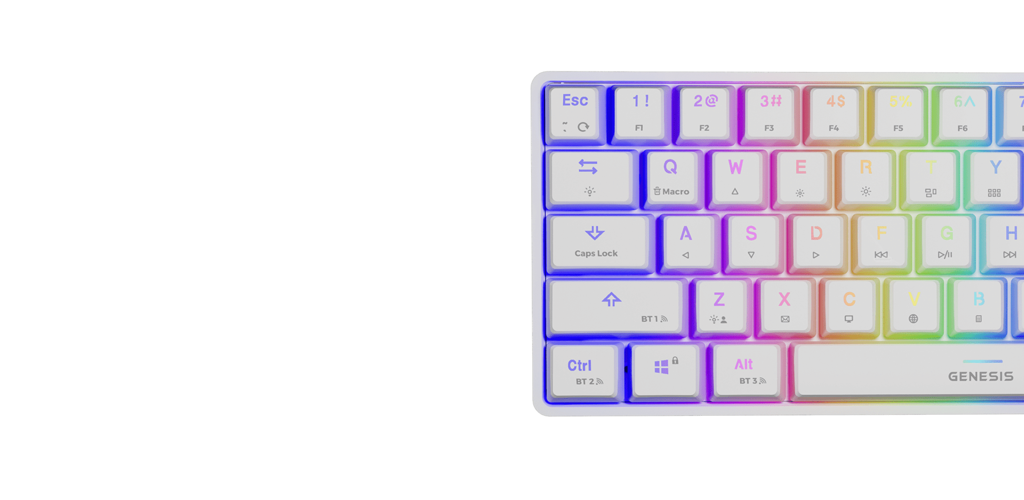 Keyboard with colorful backlighting and various keys in multi-colored shades.