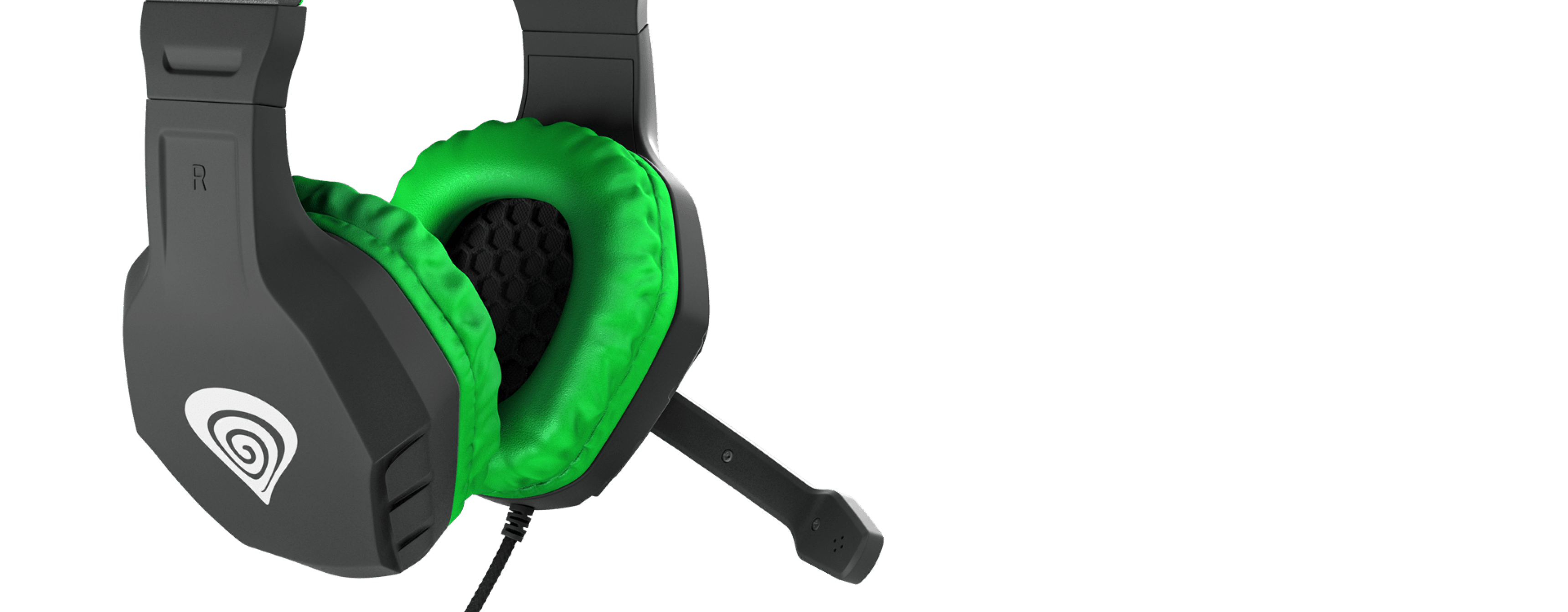 Black and green over-ear headphones with a microphone, featuring padded ear cups and adjustable headband