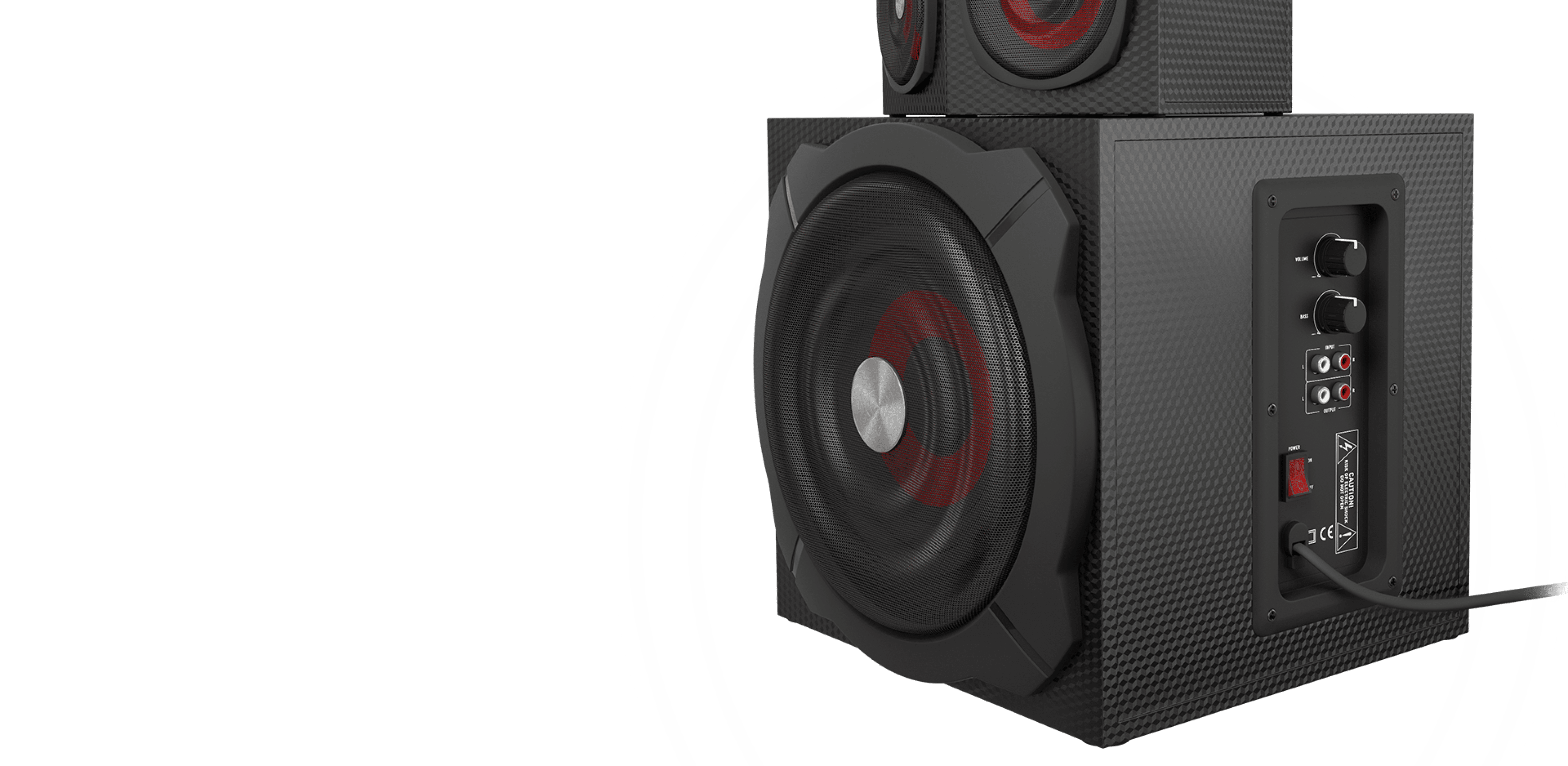 Audio speaker system with a large subwoofer and a smaller top speaker mounted on it.
