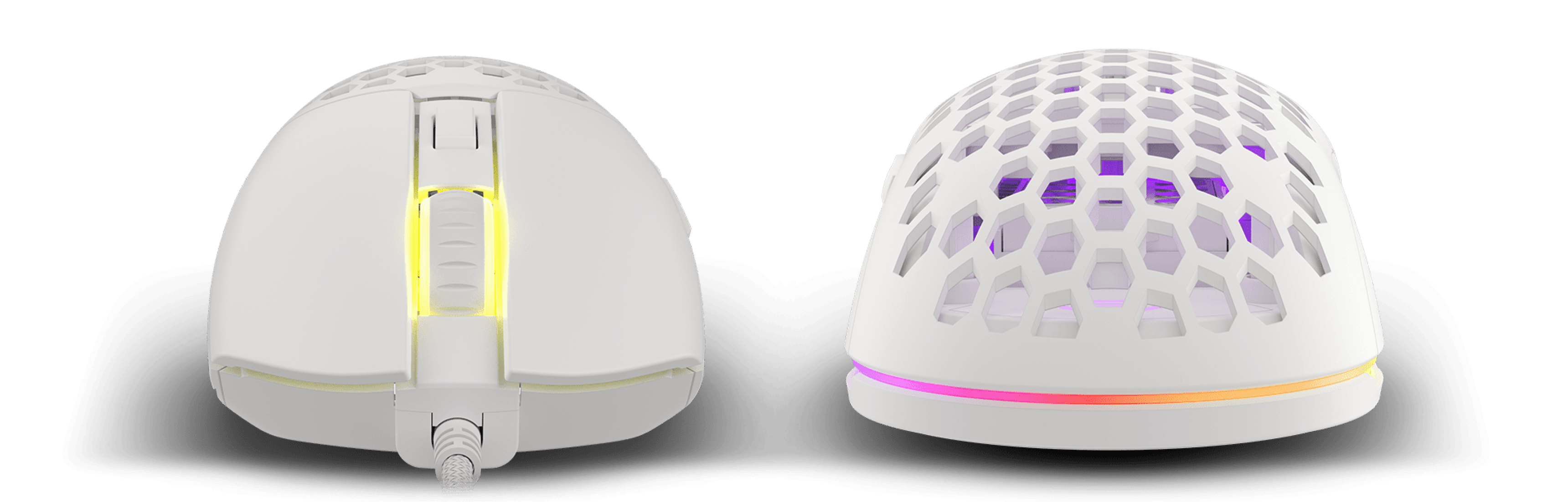 White RGB gaming mouse with honeycomb design, featuring adjustable DPI up to 8000 and colorful lighting accents