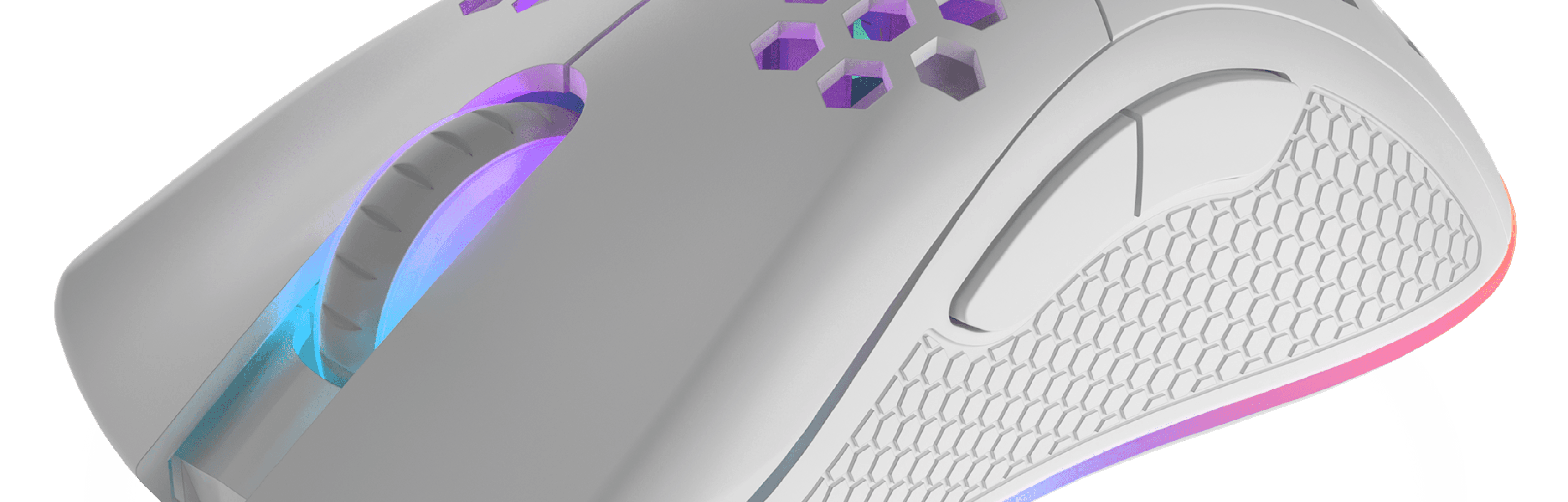 Gaming mouse with a textured grip and colorful glowing lights on the body.