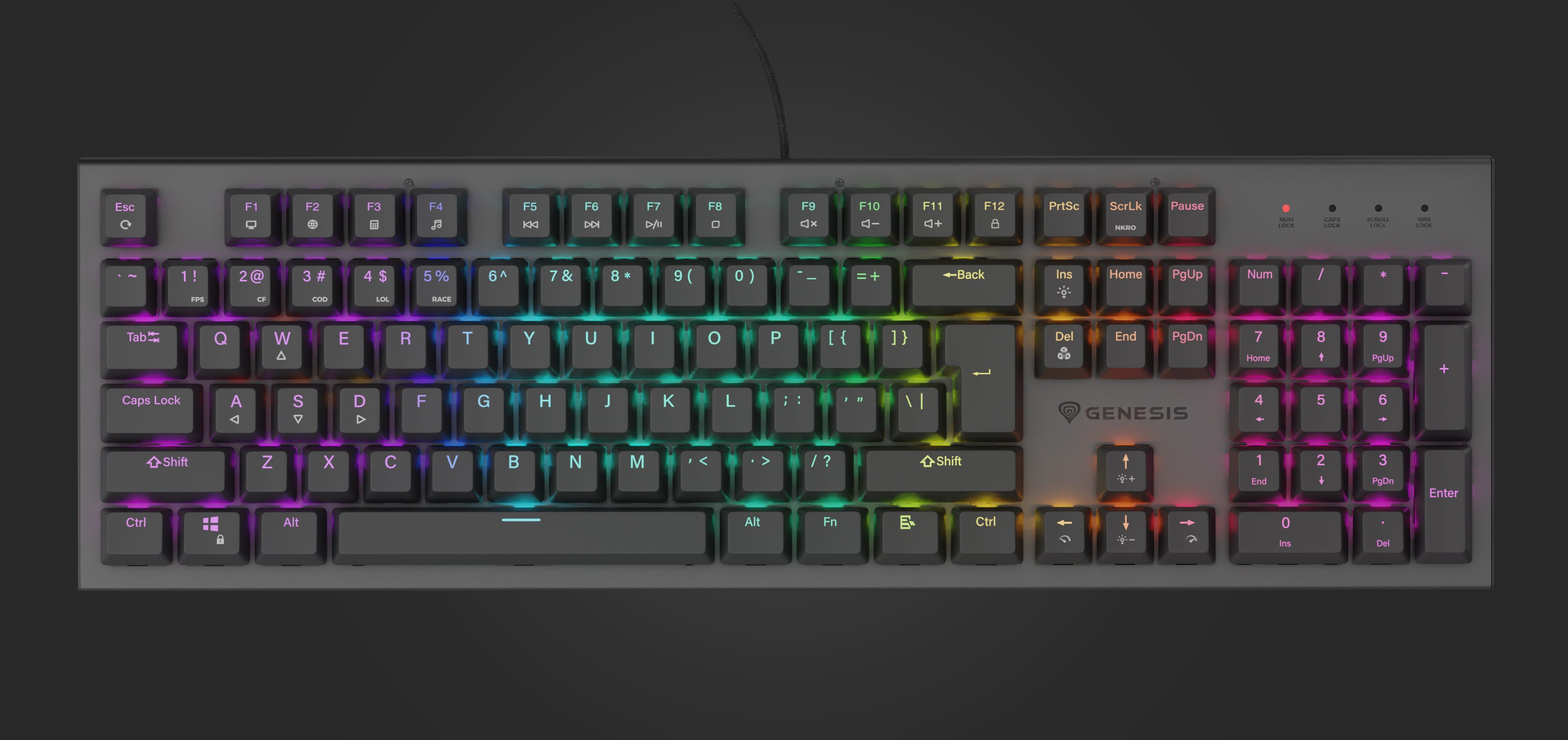 Mechanical gaming keyboard with RGB backlighting, featuring hot-swappable red switches and a sleek black design