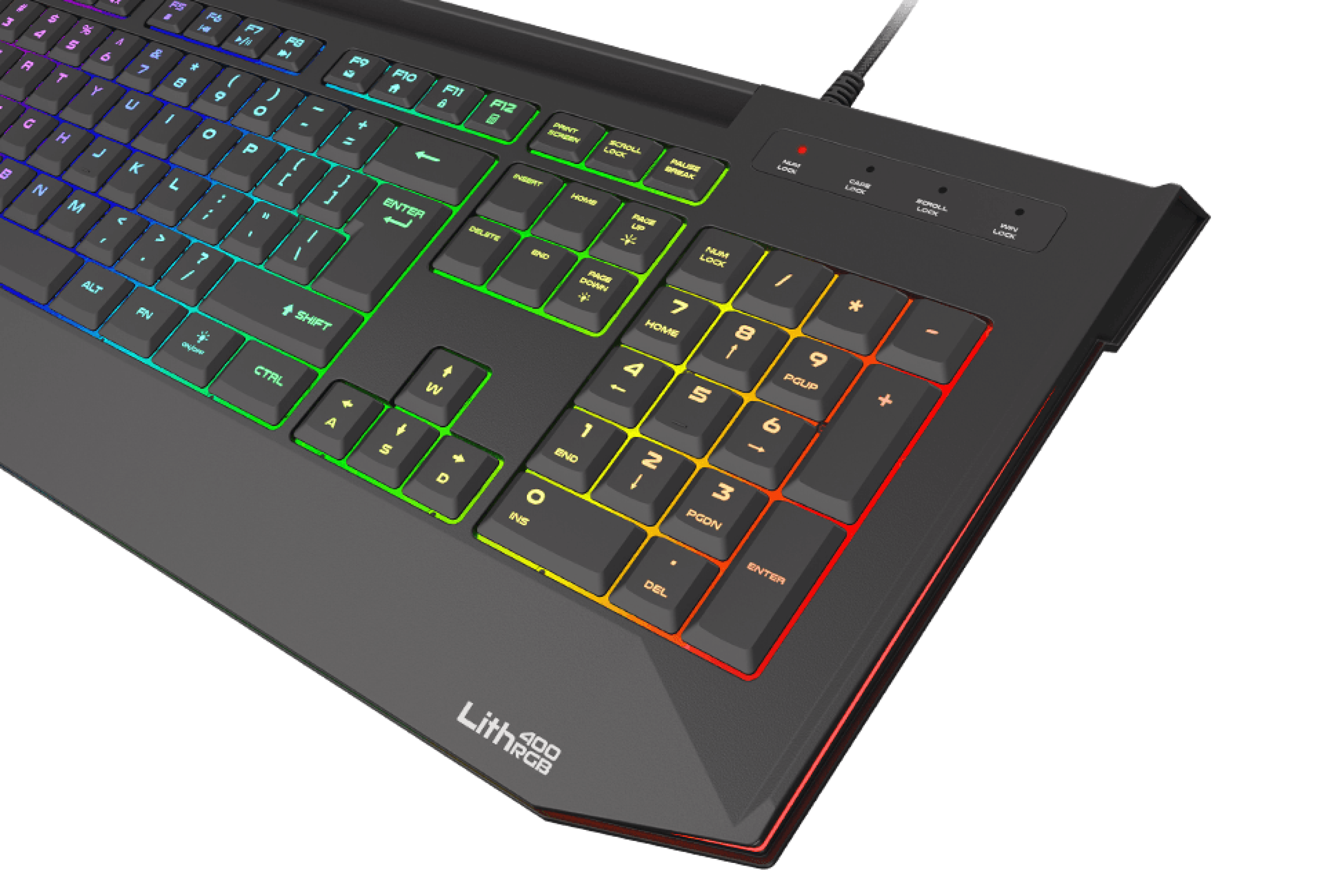 RGB gaming keyboard with a slim design, featuring X-Scissor switches and customizable backlighting