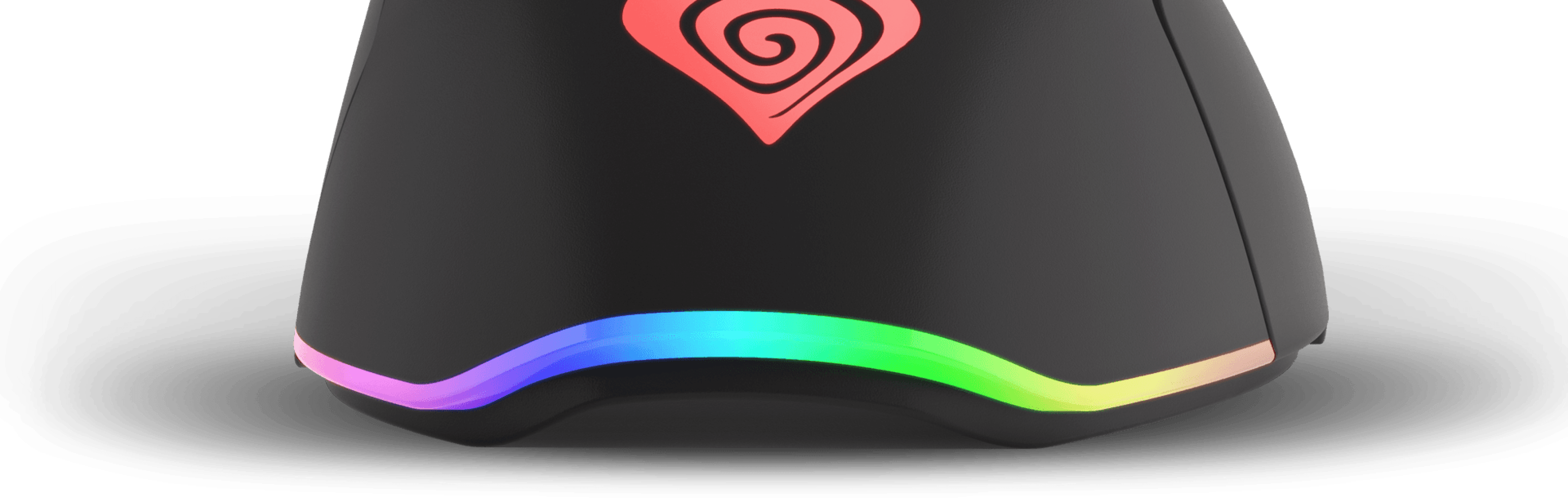 Black gaming mouse with a colorful light strip around the bottom and a logo on top.