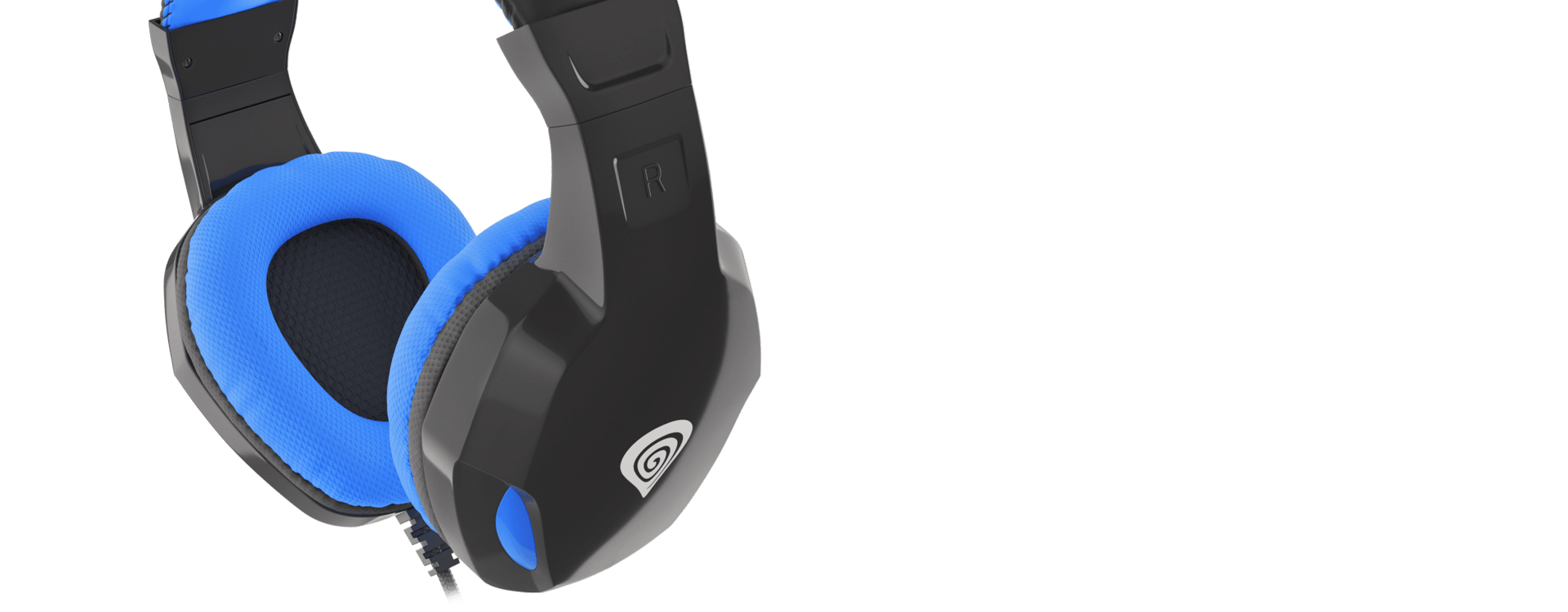 Black and blue over-ear headphones with a microphone, featuring cushioned ear pads and an adjustable headband