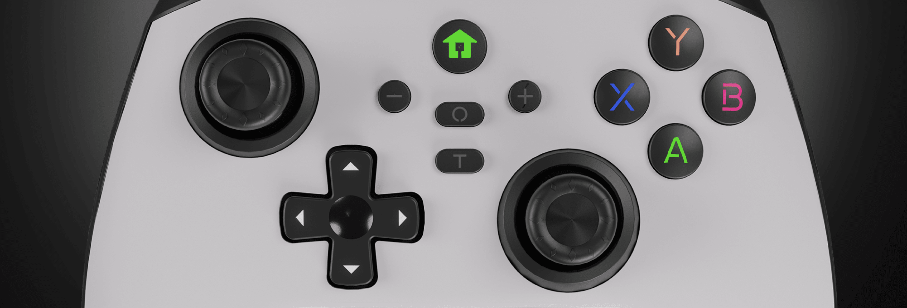 Black wireless gamepad for PC, Switch, and mobile, featuring dual analog sticks and color-coded buttons