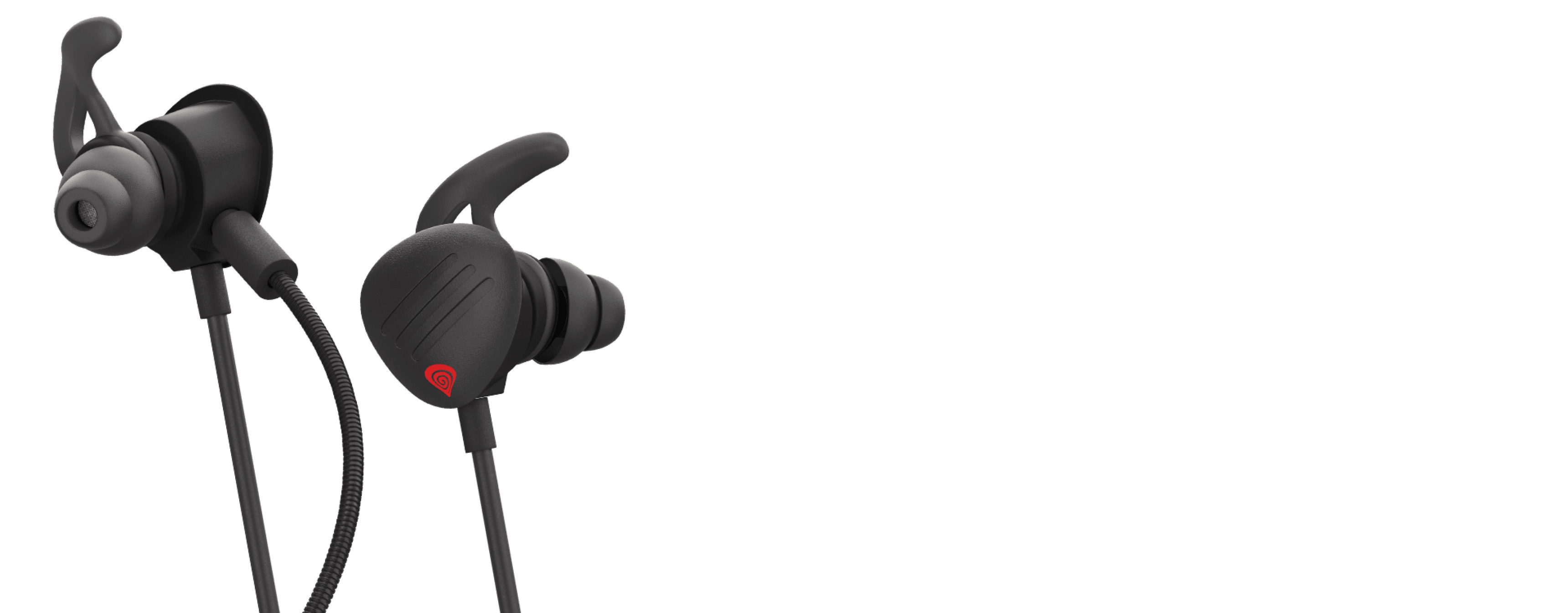 Black in-ear headphones with a connection cable and hooks for stability during use.