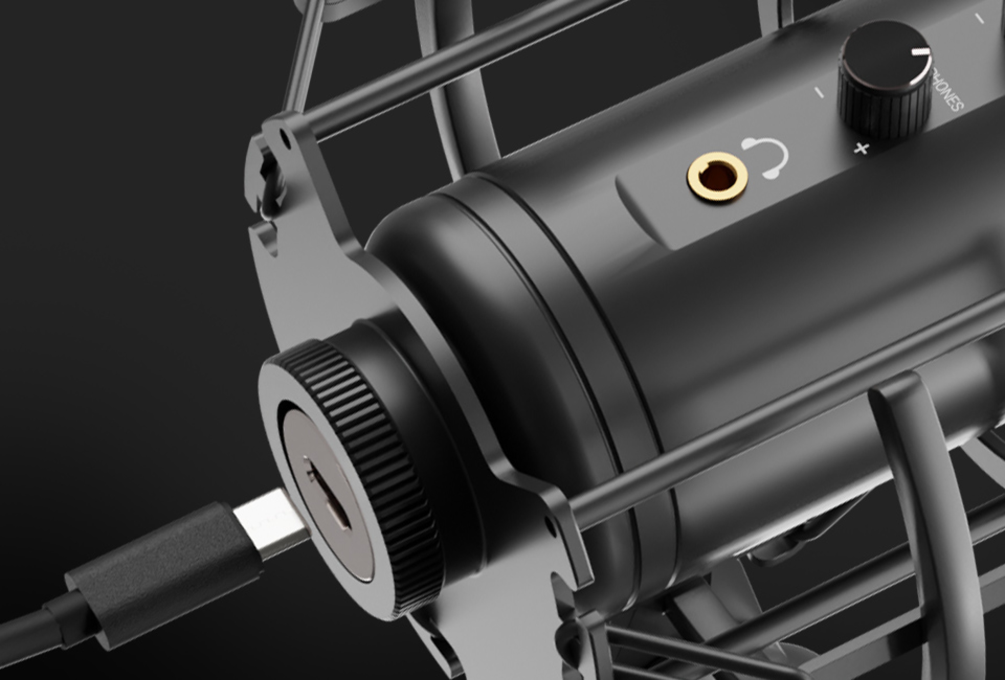 Close-up view of the Genesis Radium 600 G2 USB microphone, highlighting the USB connection and volume control knob