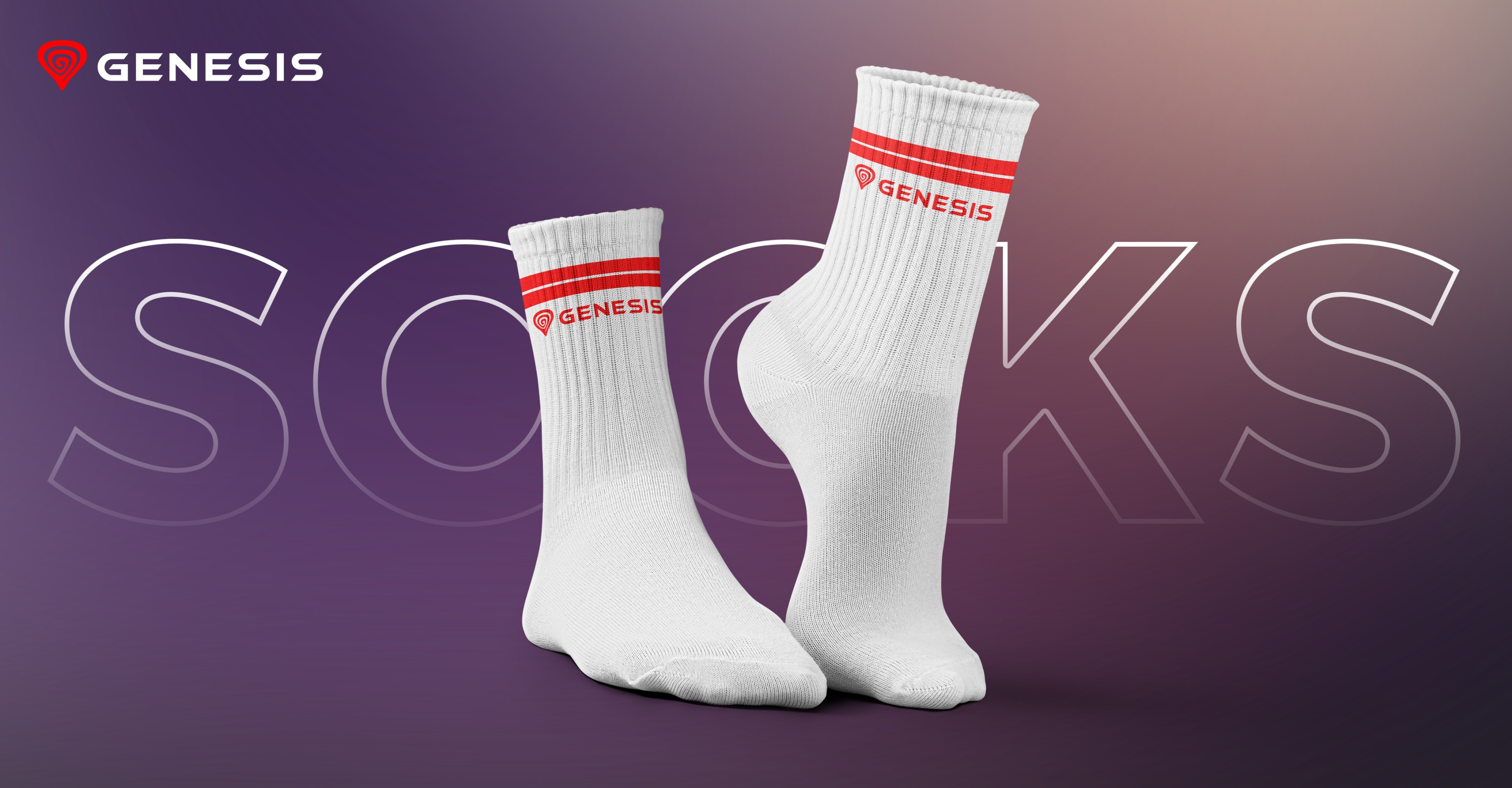 White sports socks labeled "GENESIS" with red stripes, designed for sizes 35-38
