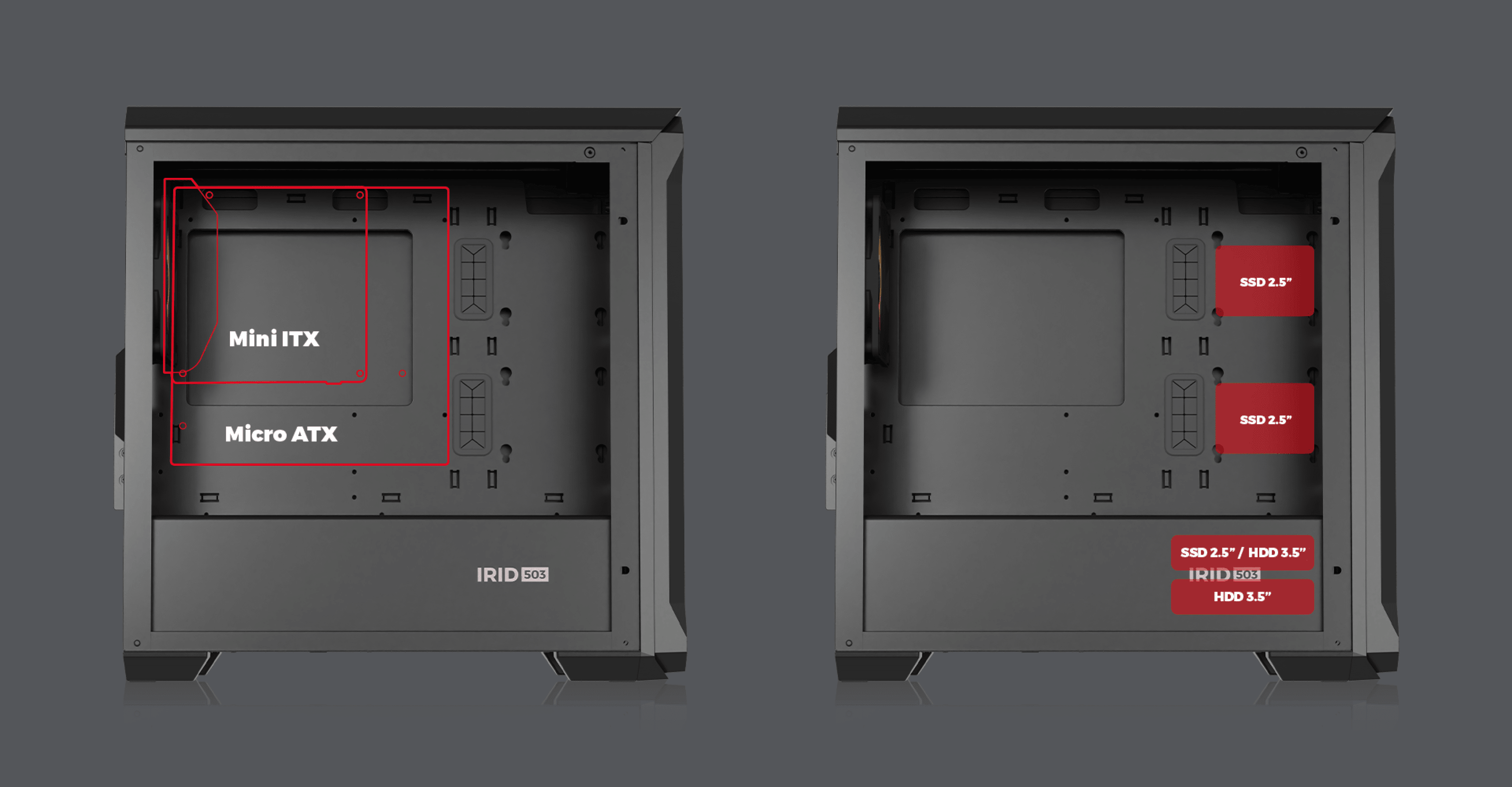 Black mini tower computer case with tempered glass, showing internal layout for Mini ITX and Micro ATX motherboards