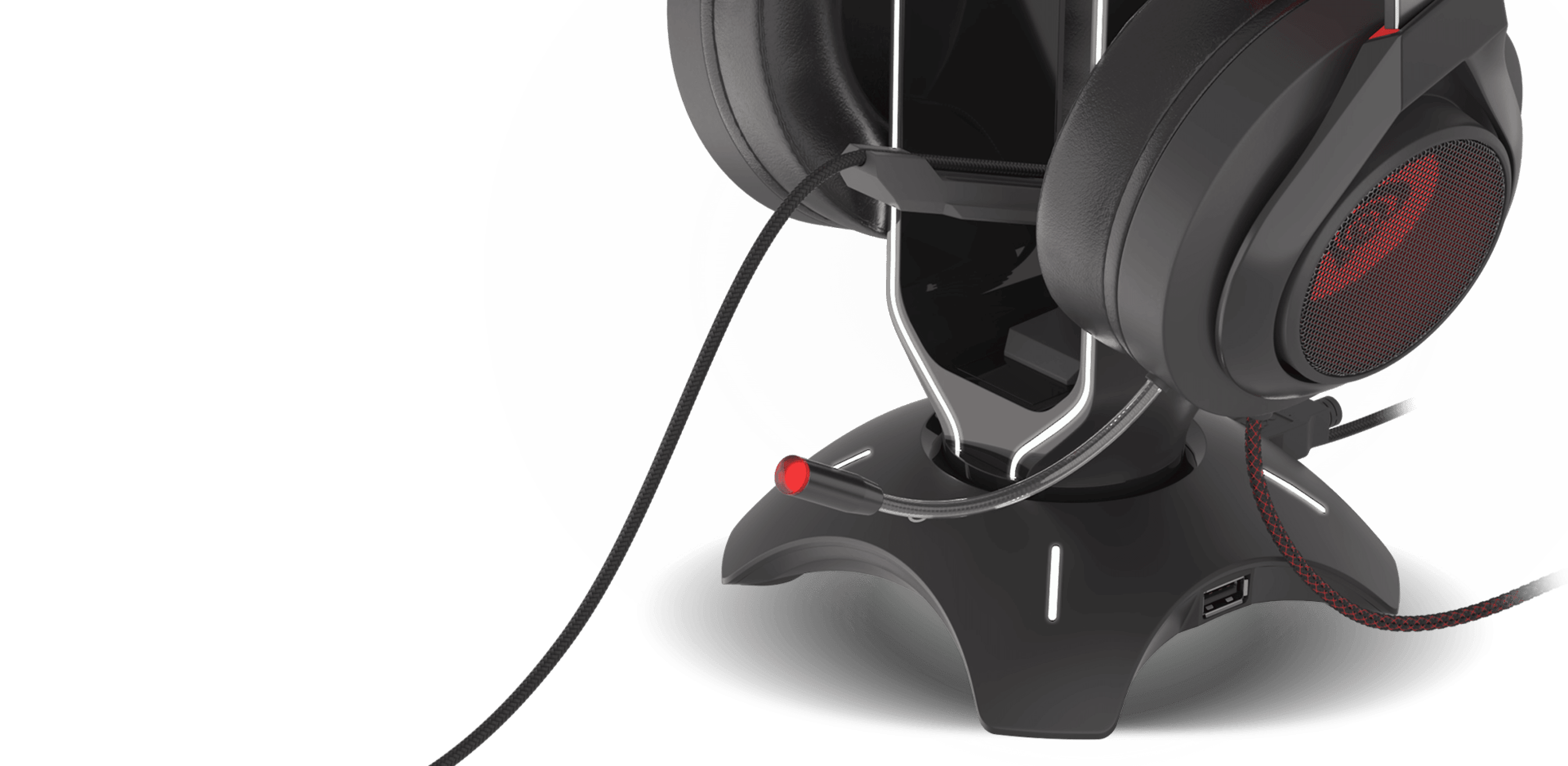 Headset holder with a sleek design featuring a USB hub and RGB lighting, showcasing a cable management system for a tidy setup