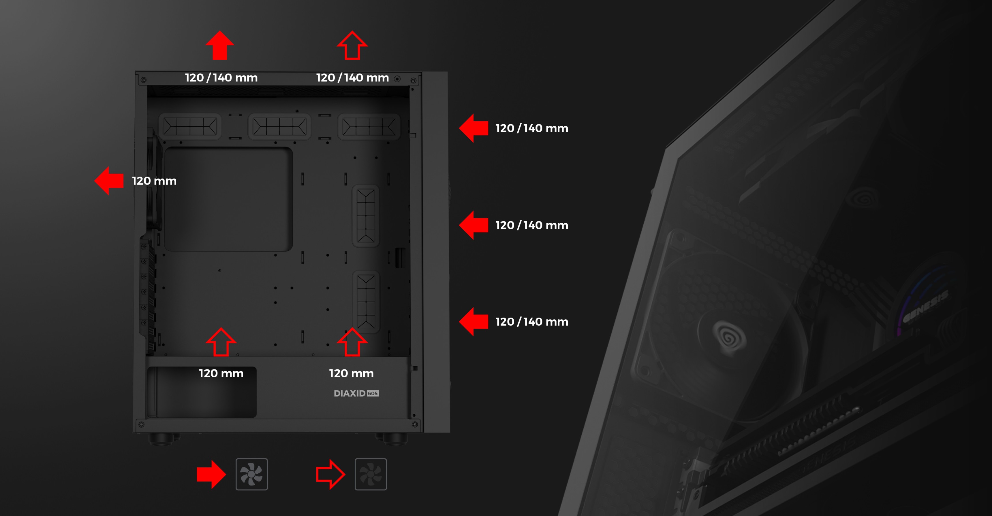 Black midi tower case with side window and multiple fan mounting options displayed