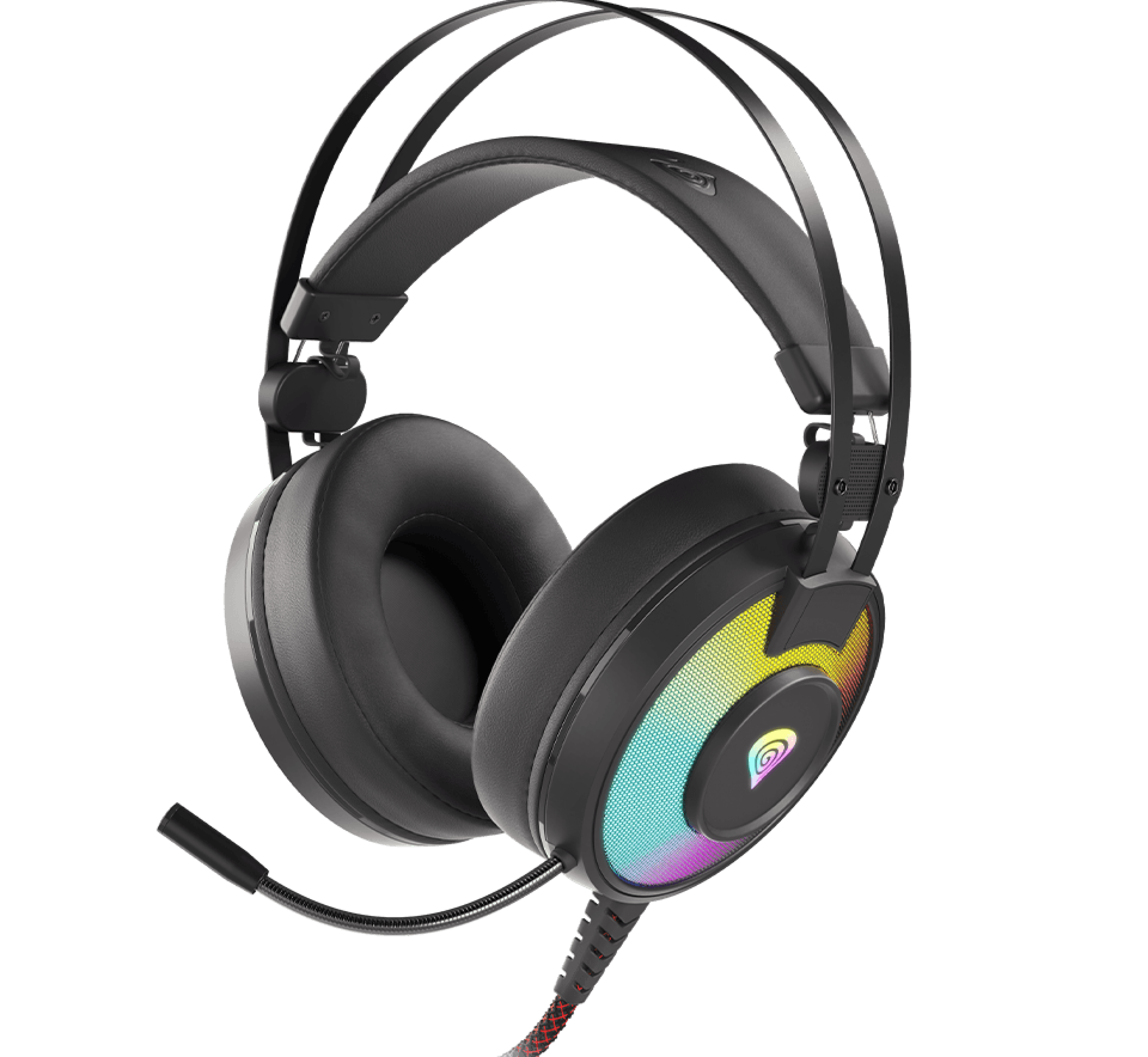 Headset with a colorful light on the earcup and a microphone attached to the side.