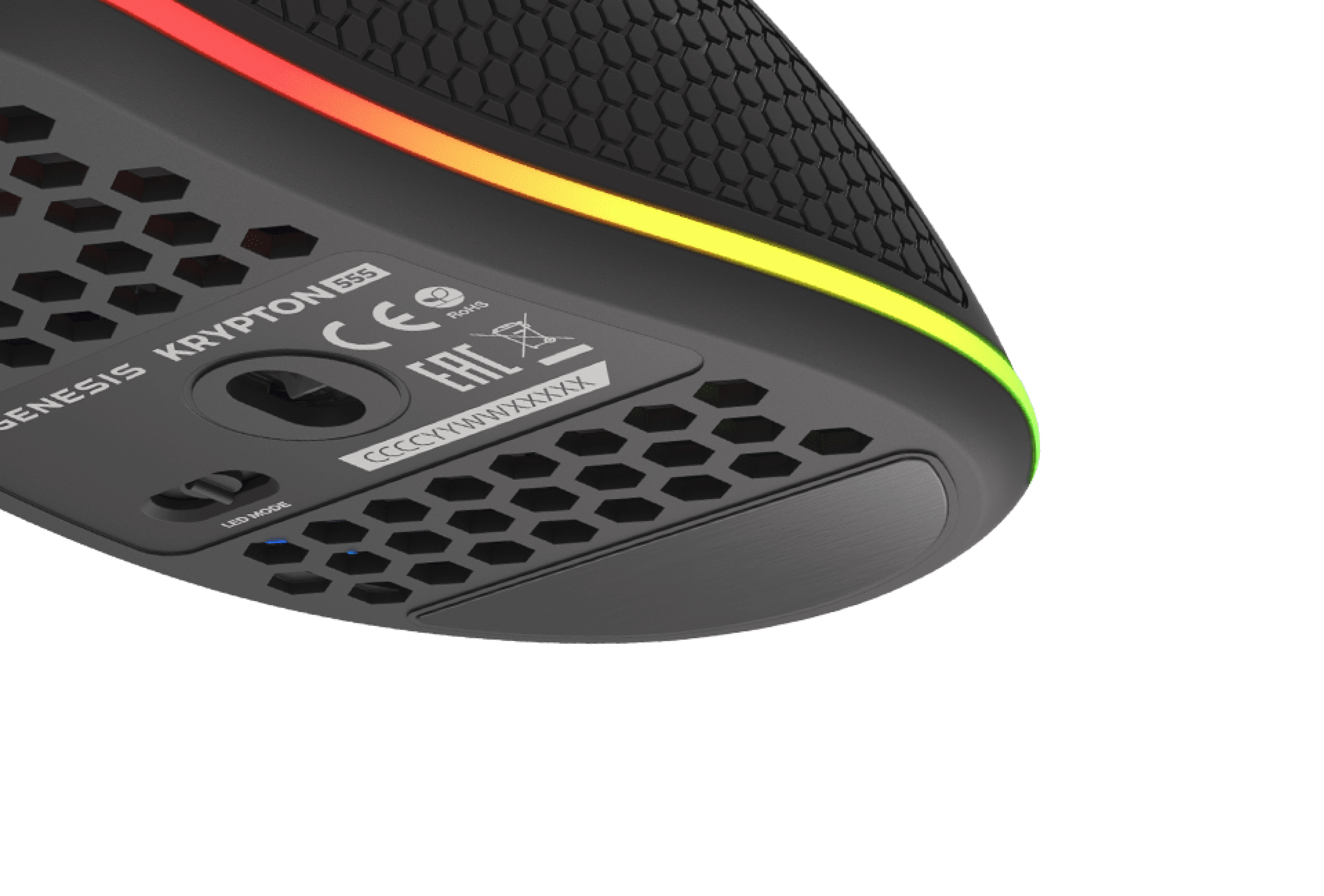 Close-up of the underside of the Genesis Krypton 555 gaming mouse, featuring RGB lighting and programmable buttons