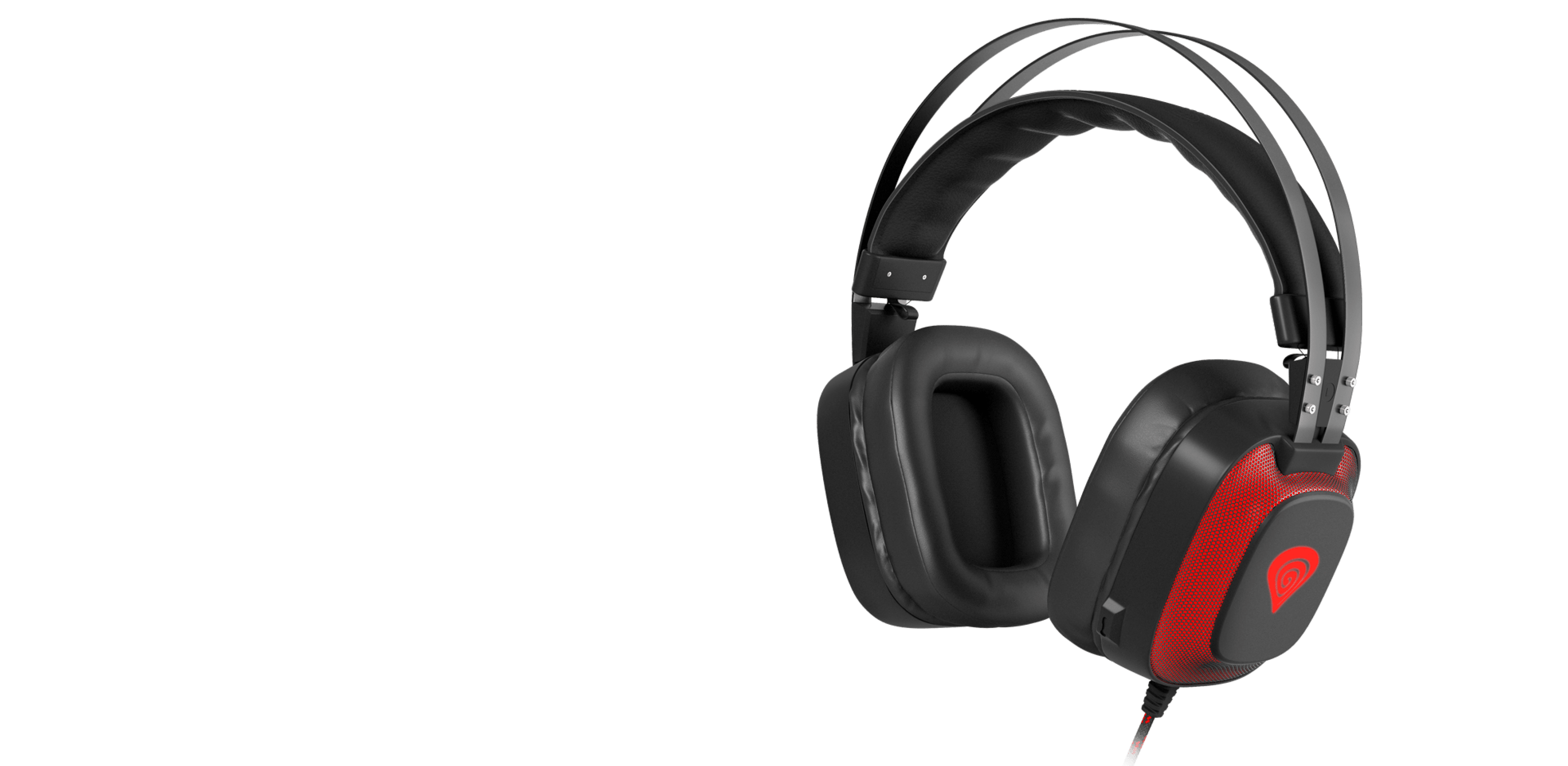 Black and red Genesis Radon 720 7.1 over-ear headphones with a microphone and USB connectivity