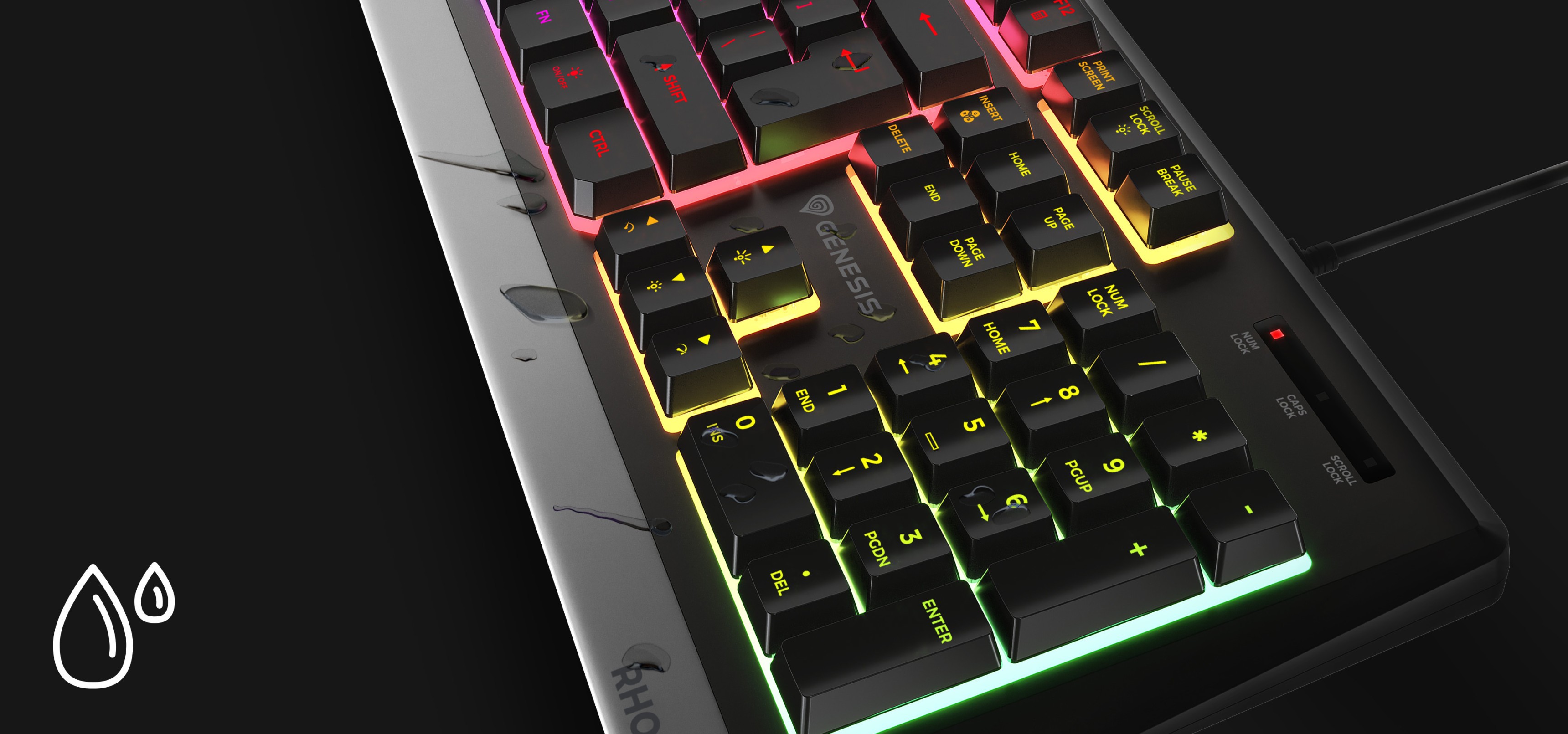RGB gaming keyboard with customizable backlighting, featuring a sleek design and water-resistant keys
