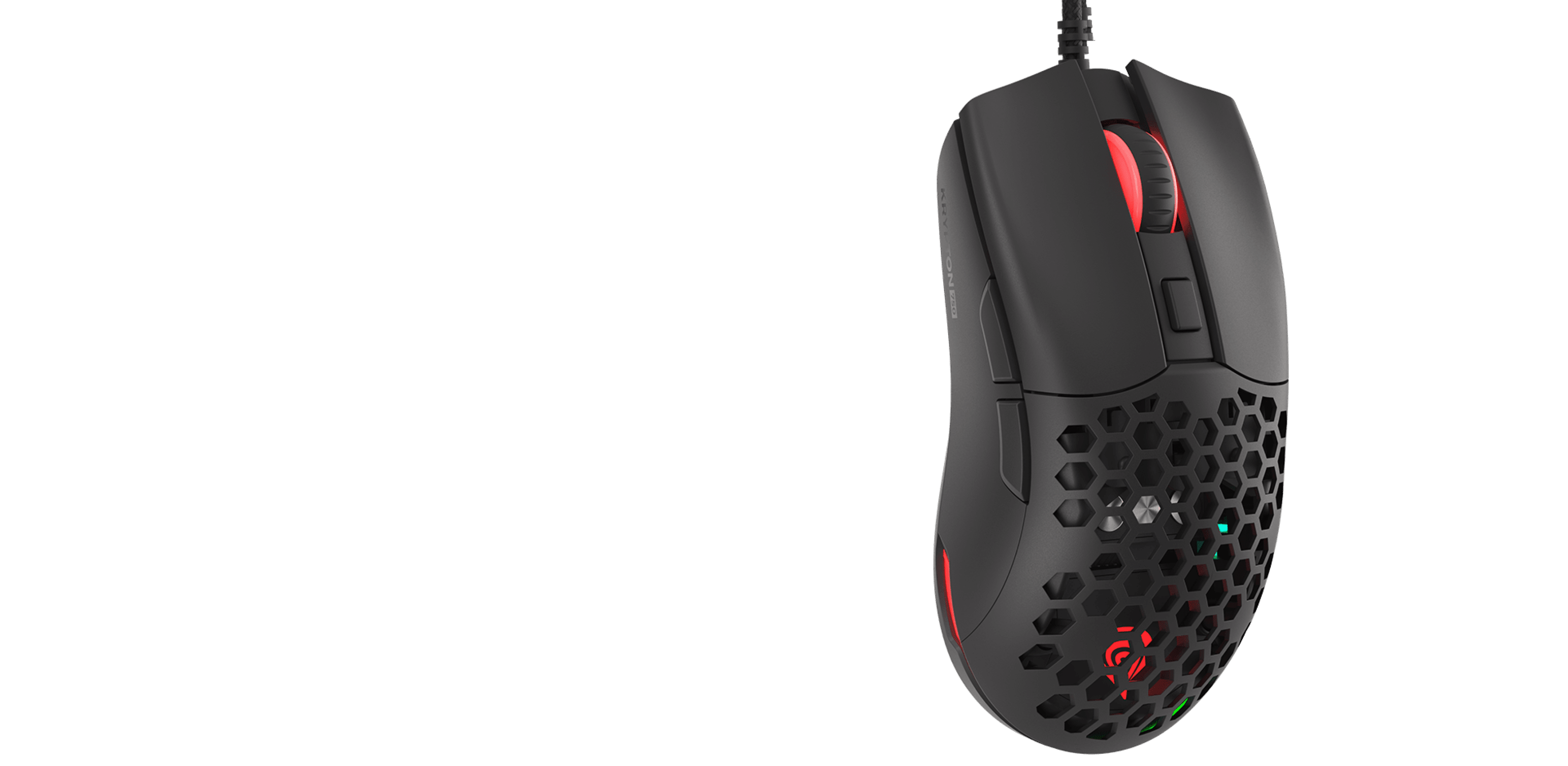 Black gaming mouse with RGB lighting, lightweight design, and 8000 DPI sensitivity, featuring a honeycomb pattern