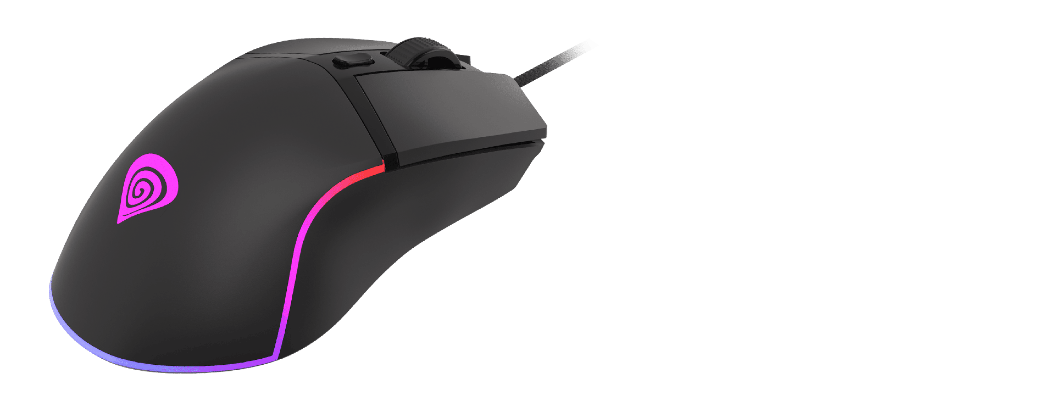 Black gaming mouse with RGB lighting, adjustable up to 6400 DPI, featuring a sleek design and programmable buttons