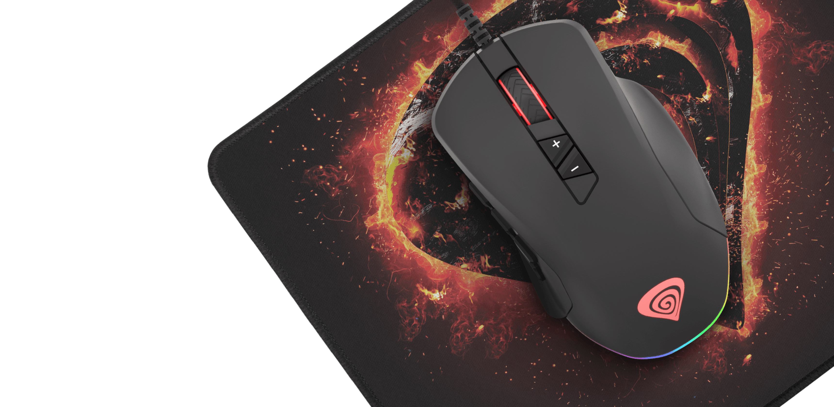 Computer mouse with multiple buttons and a glowing bottom on a vibrant gaming mouse pad.