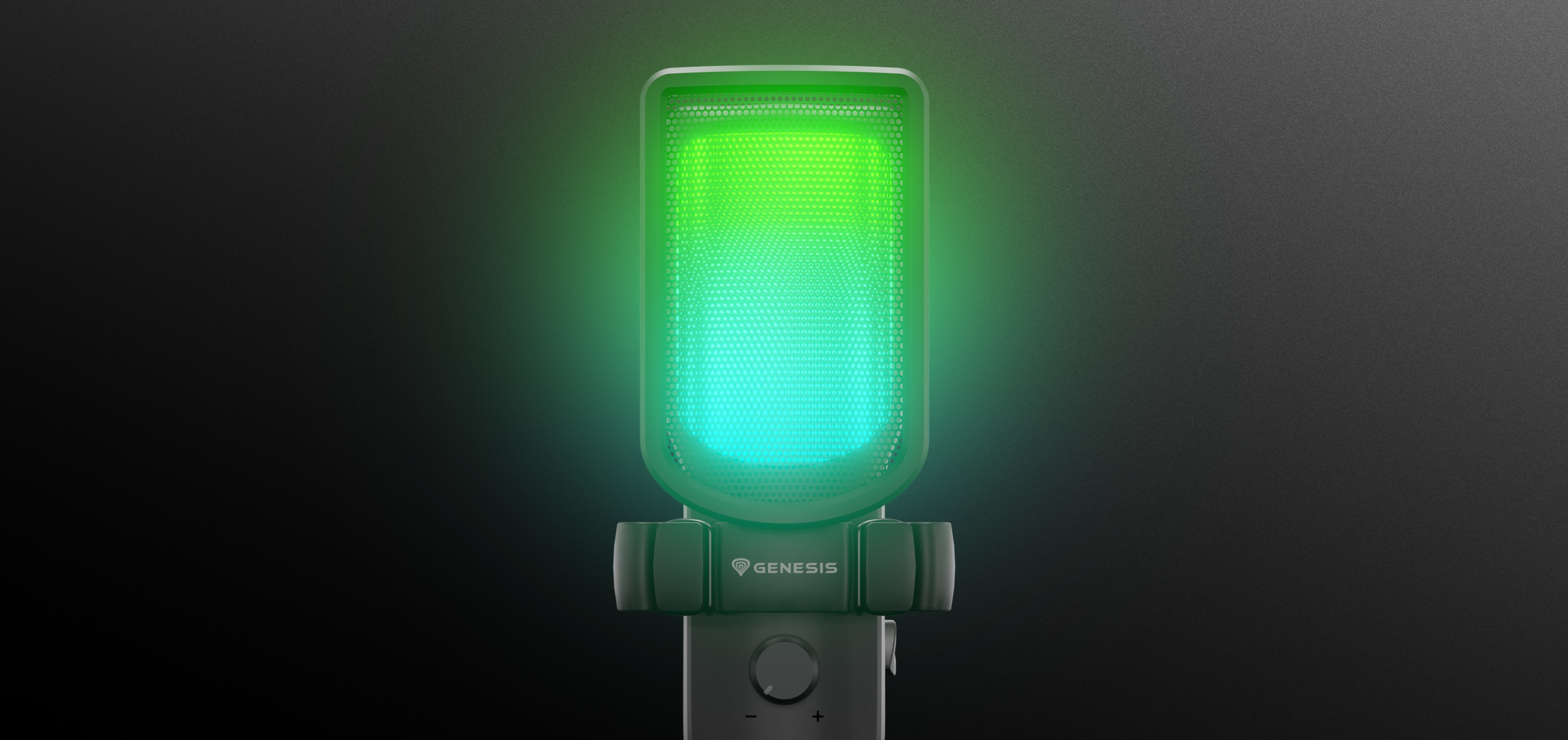 Black USB microphone with a vibrant green and blue lighting effect, featuring a sturdy stand