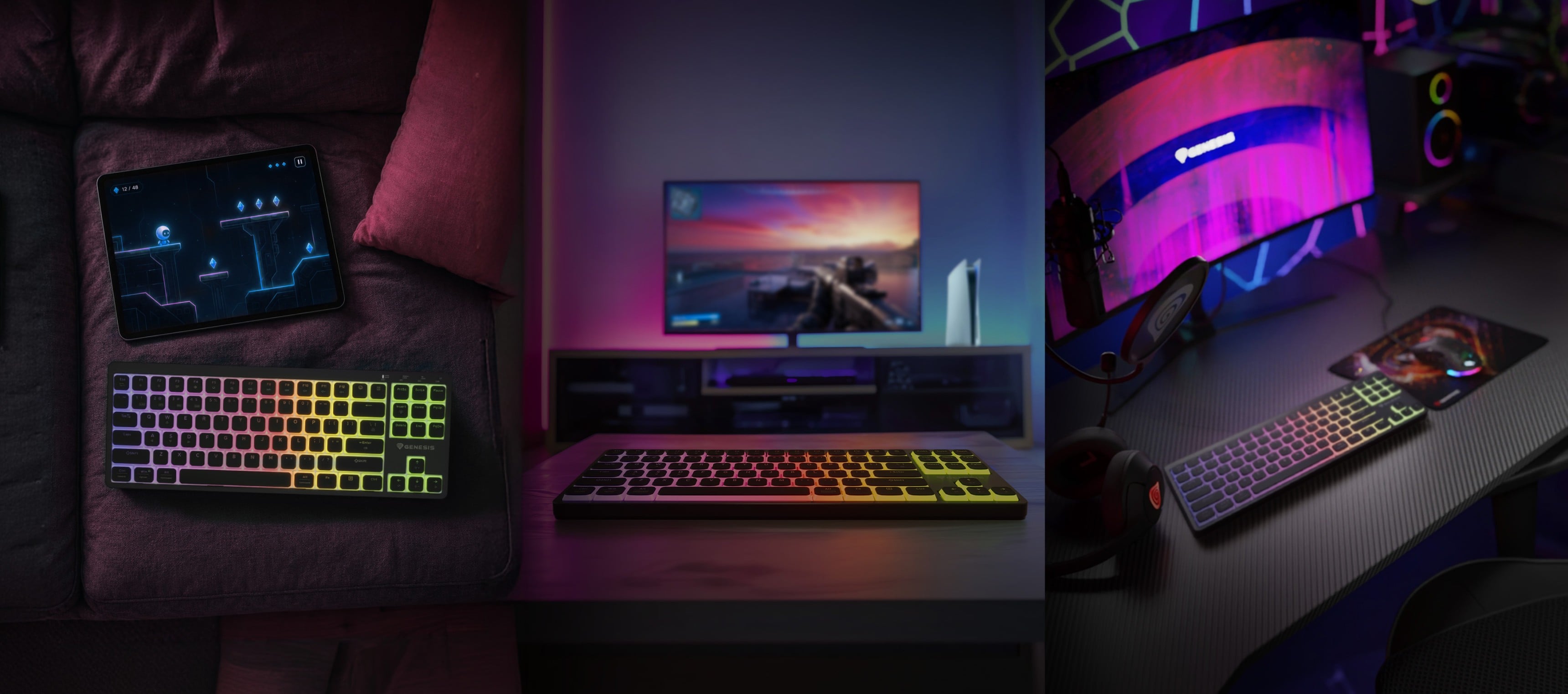 Three modern keyboards with colorful lighting, displayed in various gaming setups.