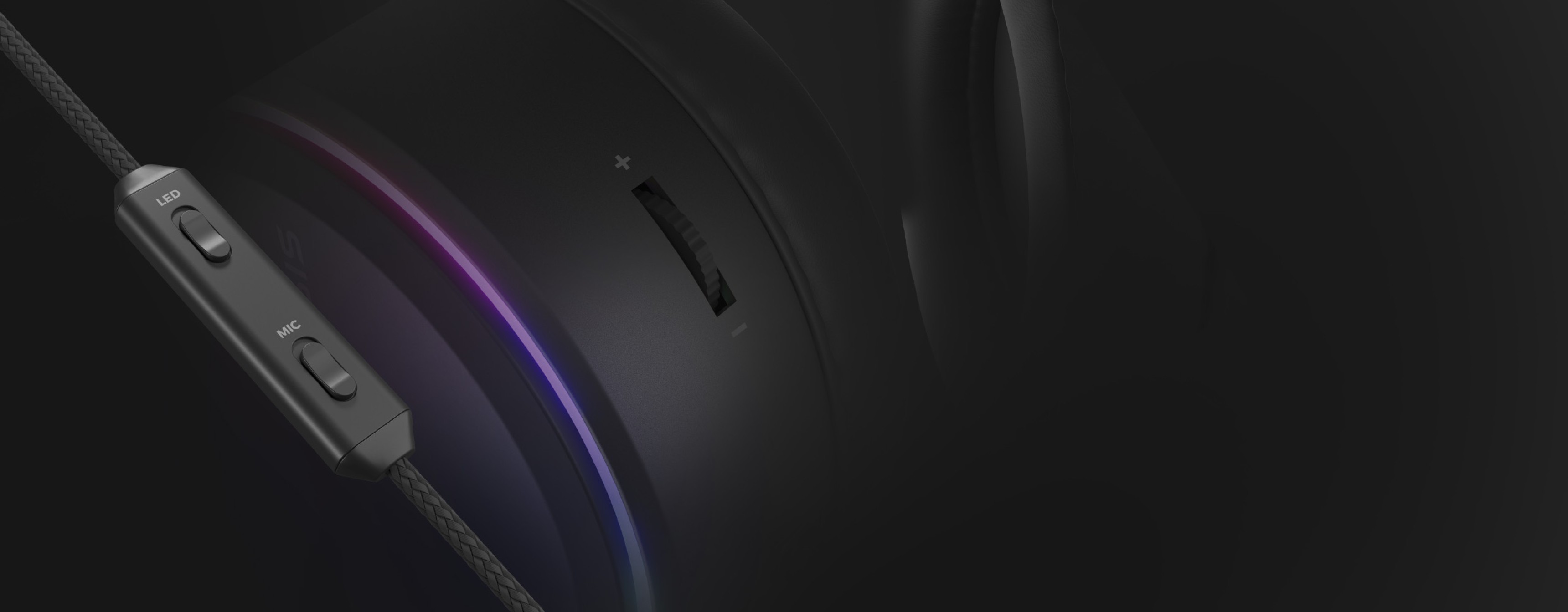 A close-up view of headphones with a control panel and a colorful light band.