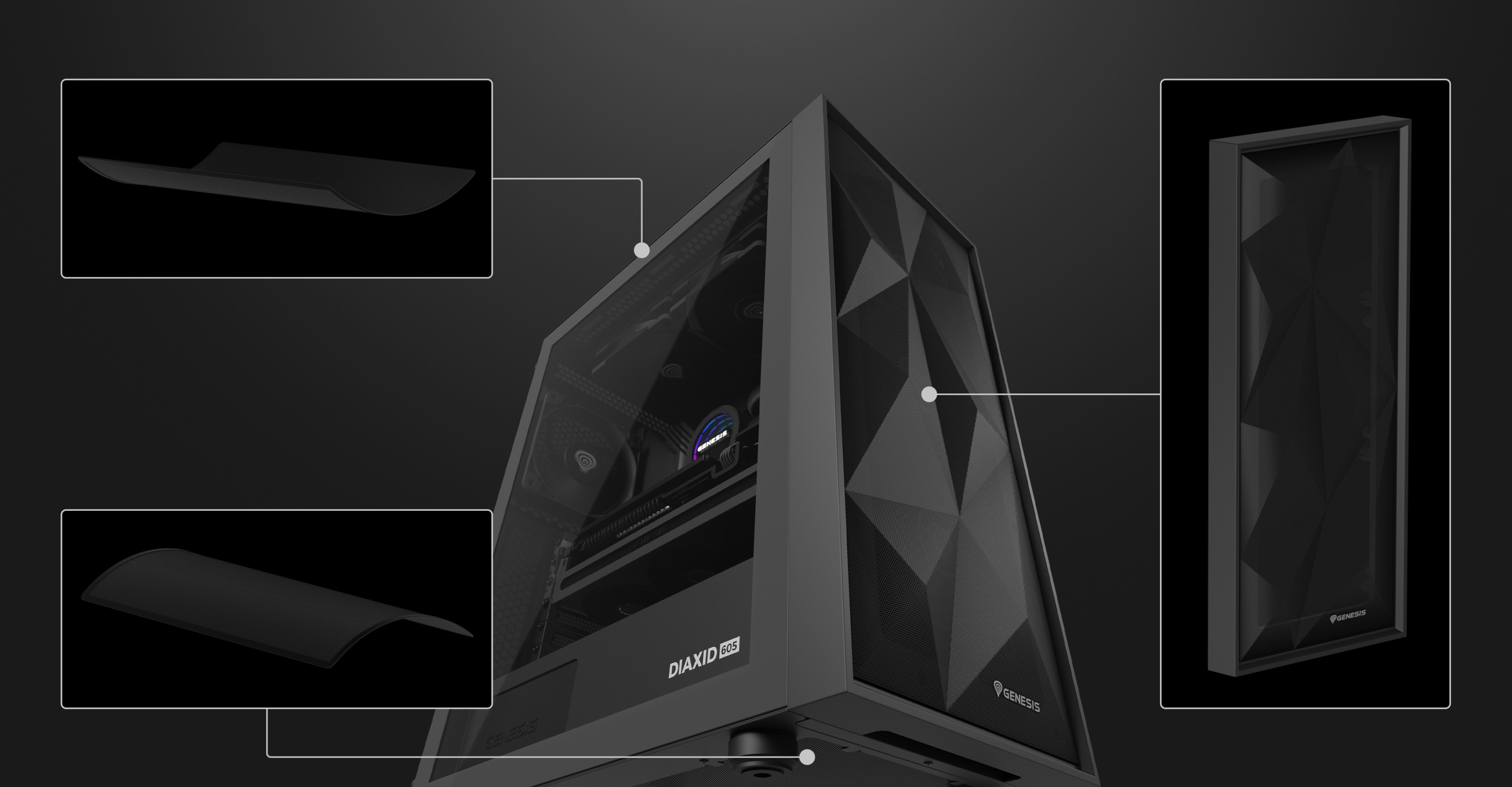 Black computer case with a window and geometric design, featuring various port options