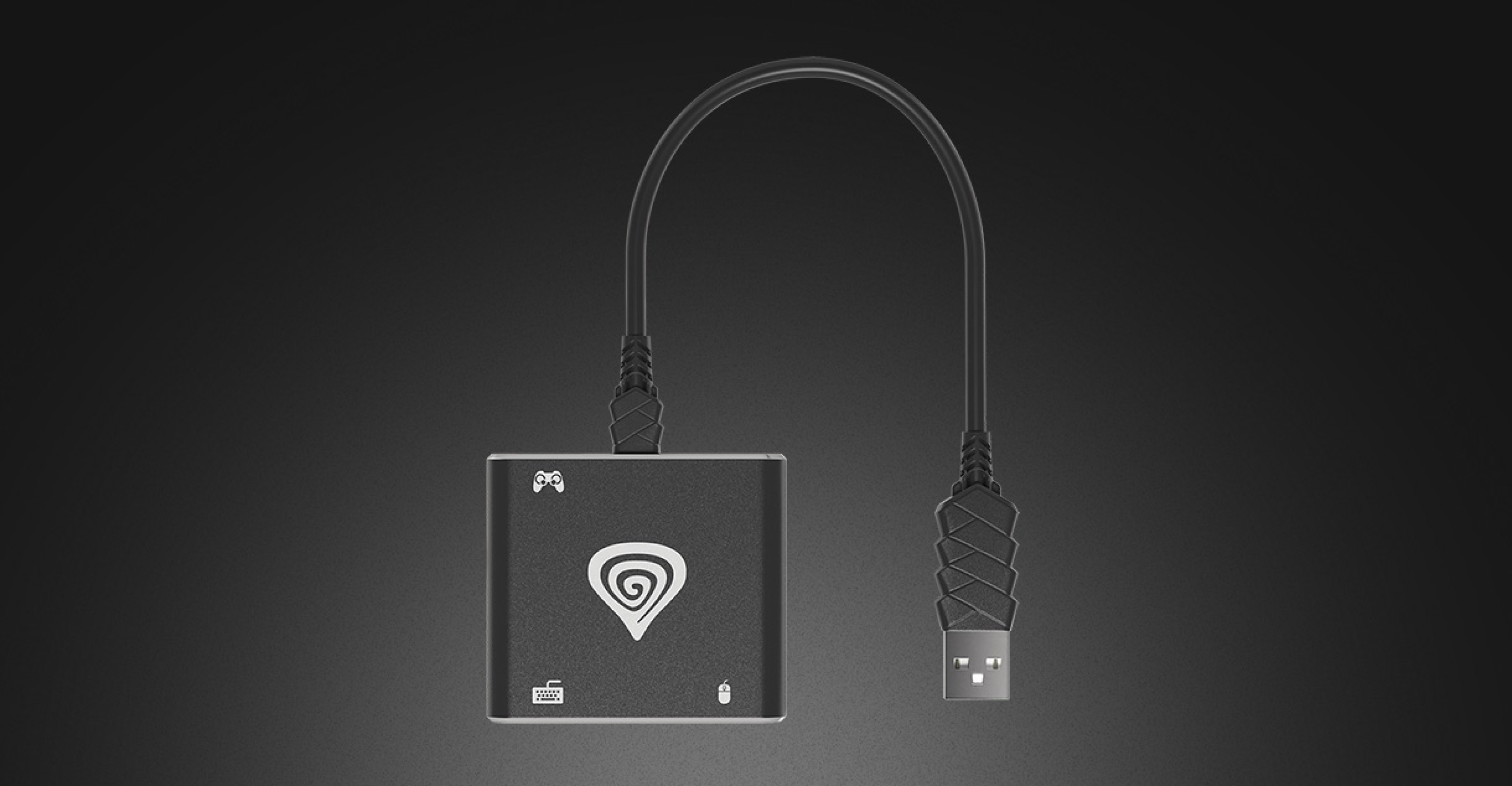 Adapter with a connection cable and an emblem on the top surface.