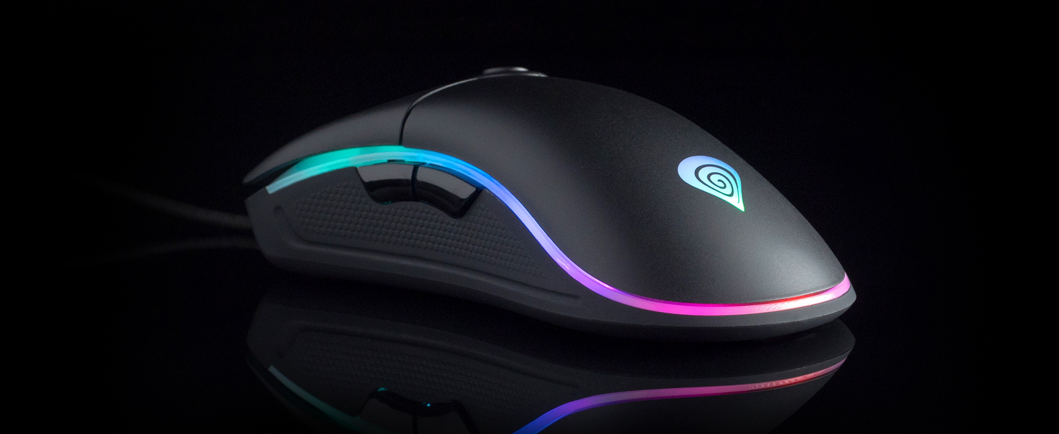 Black gaming mouse with RGB lighting, featuring an ergonomic design and a DPI setting of up to 8000