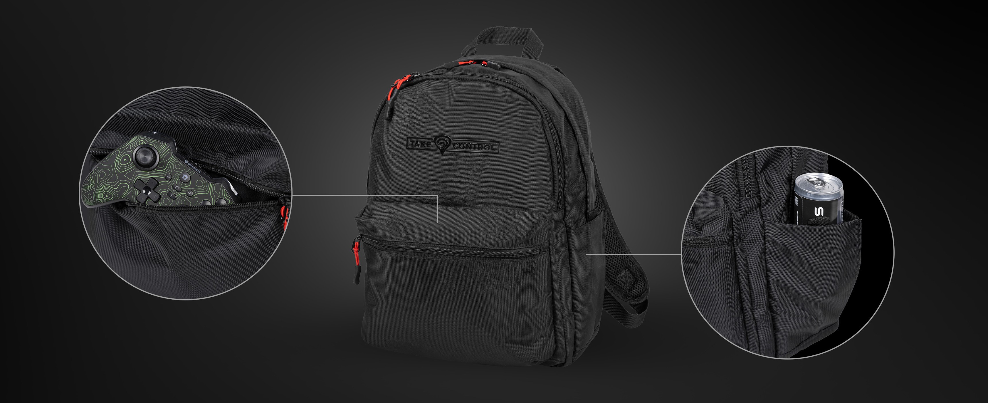 Black Genesis Pallad 200 backpack with red accents, featuring a pocket for a gaming controller and a side pocket for a can