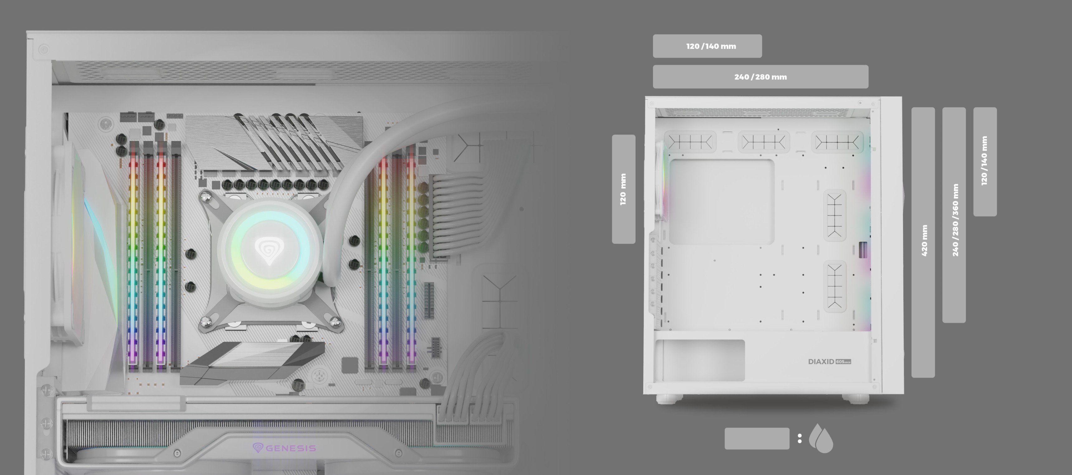 Black mid-tower computer case with a transparent side panel and RGB lighting features